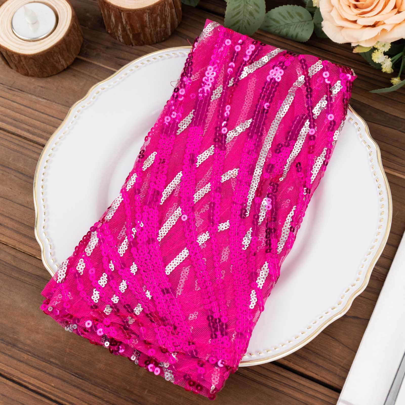 Sequin Mesh Napkin 20"x20" Fuchsia Silver - Wave Embroidered Dinner Napkin - Image 6
