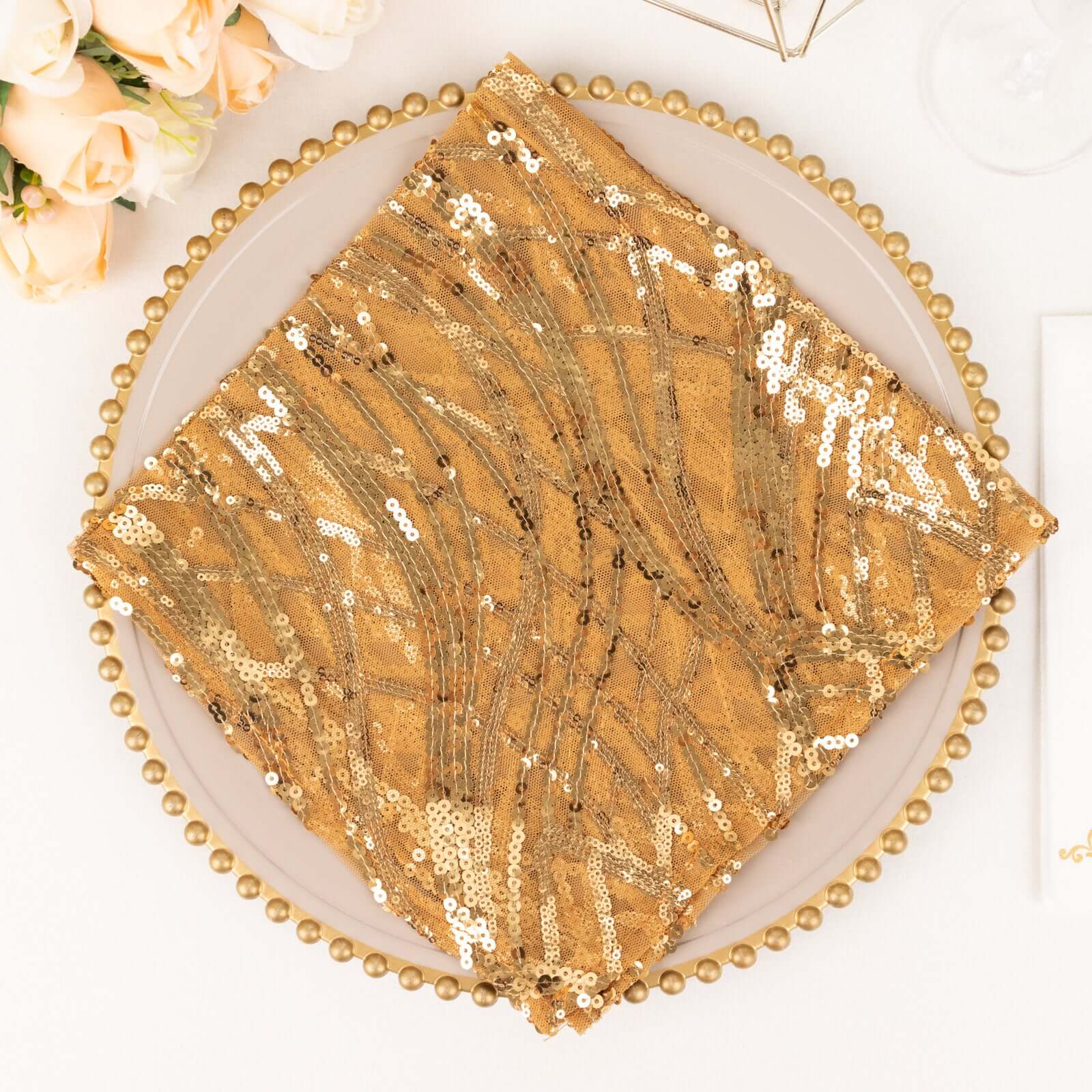 Sequin Mesh Napkin 20"x20" Gold Wave Embroidered Decorative Dinner Napkin for Sparkling Wedding & Event Decor - Image 9