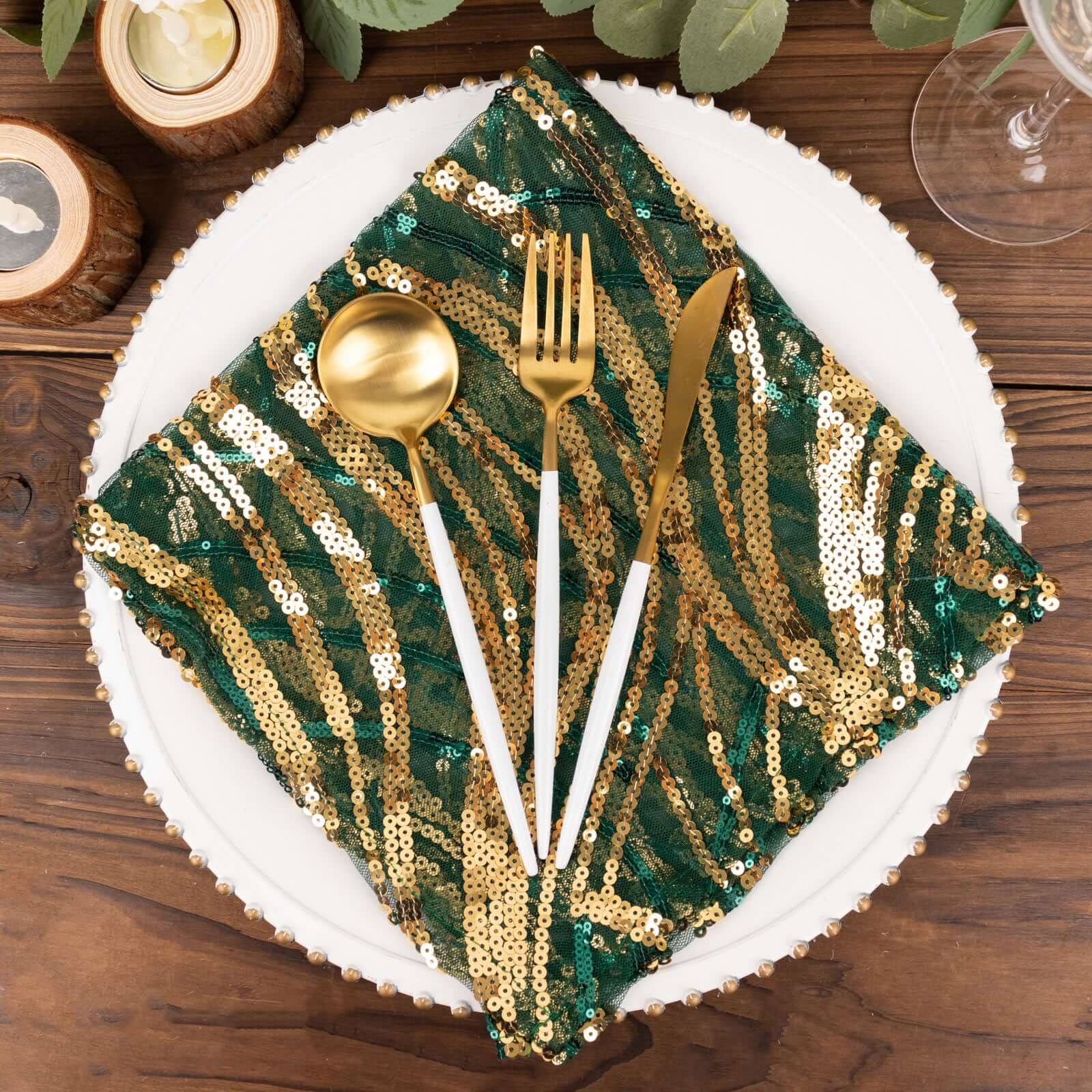 Sequin Mesh Napkin 20"x20" Hunter Emerald Green Gold - Wave Embroidered Dinner Napkin - Image 6
