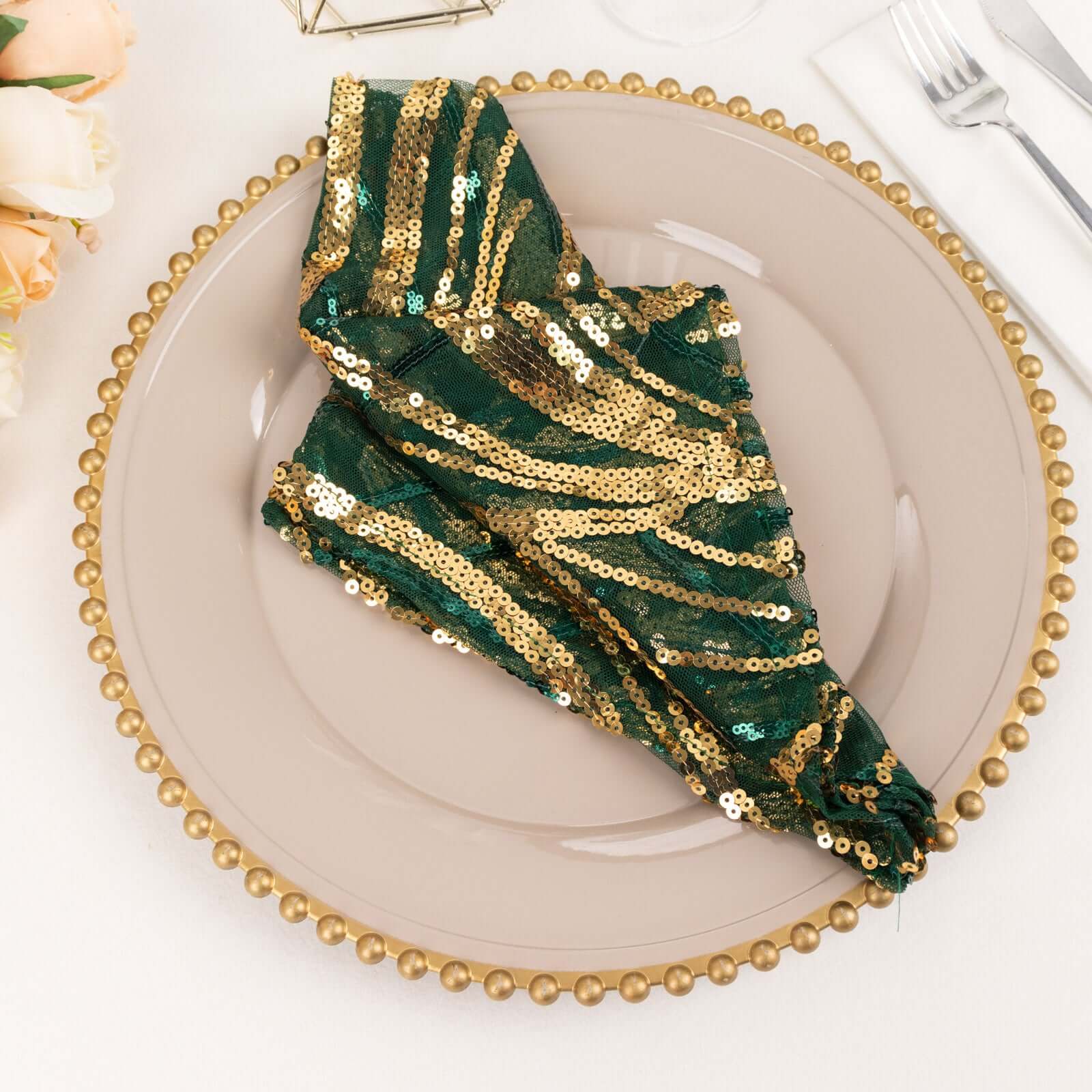 Sequin Mesh Napkin 20"x20" Hunter Emerald Green Gold - Wave Embroidered Dinner Napkin - Image 8