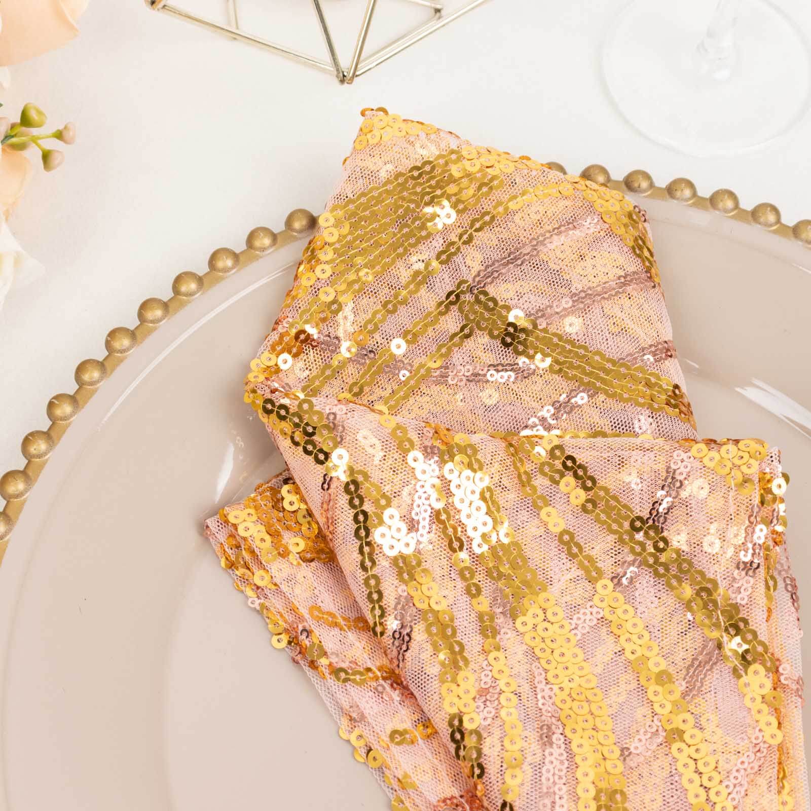 Sequin Mesh Napkin 20"x20" Rose Gold - Wave Embroidered Dinner Napkin - Image 3