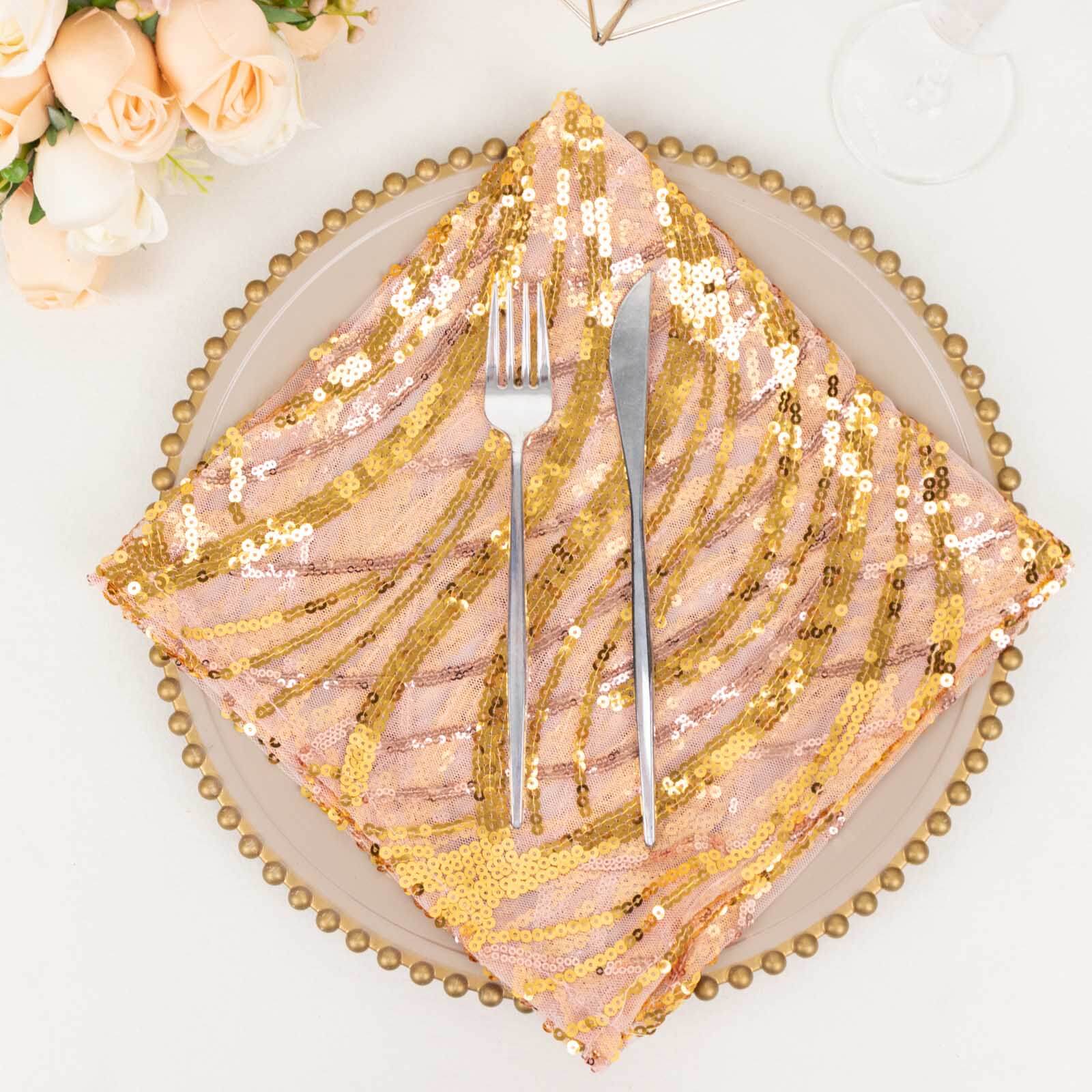 Sequin Mesh Napkin 20"x20" Rose Gold - Wave Embroidered Dinner Napkin - Image 4