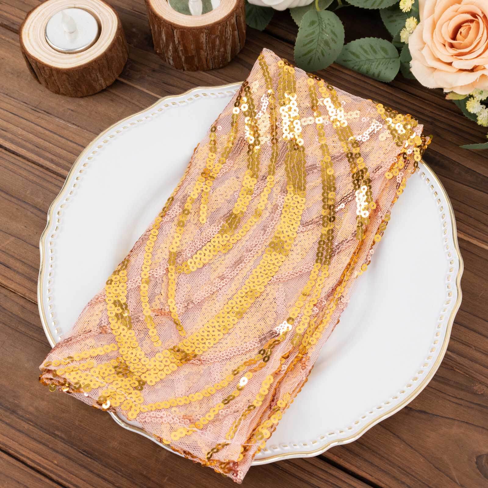 Sequin Mesh Napkin 20"x20" Rose Gold - Wave Embroidered Dinner Napkin - Image 5