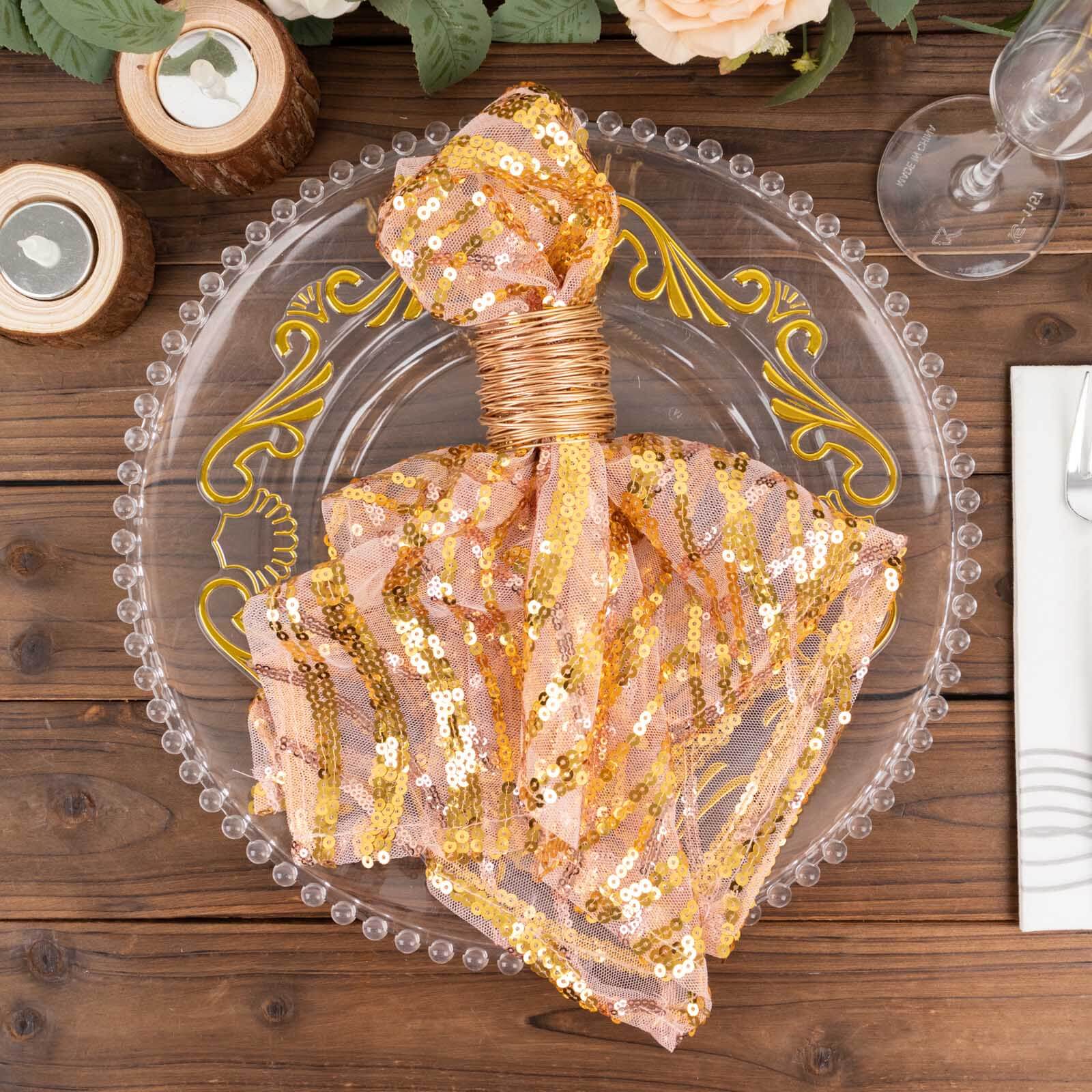 Sequin Mesh Napkin 20"x20" Rose Gold - Wave Embroidered Dinner Napkin - Image 7