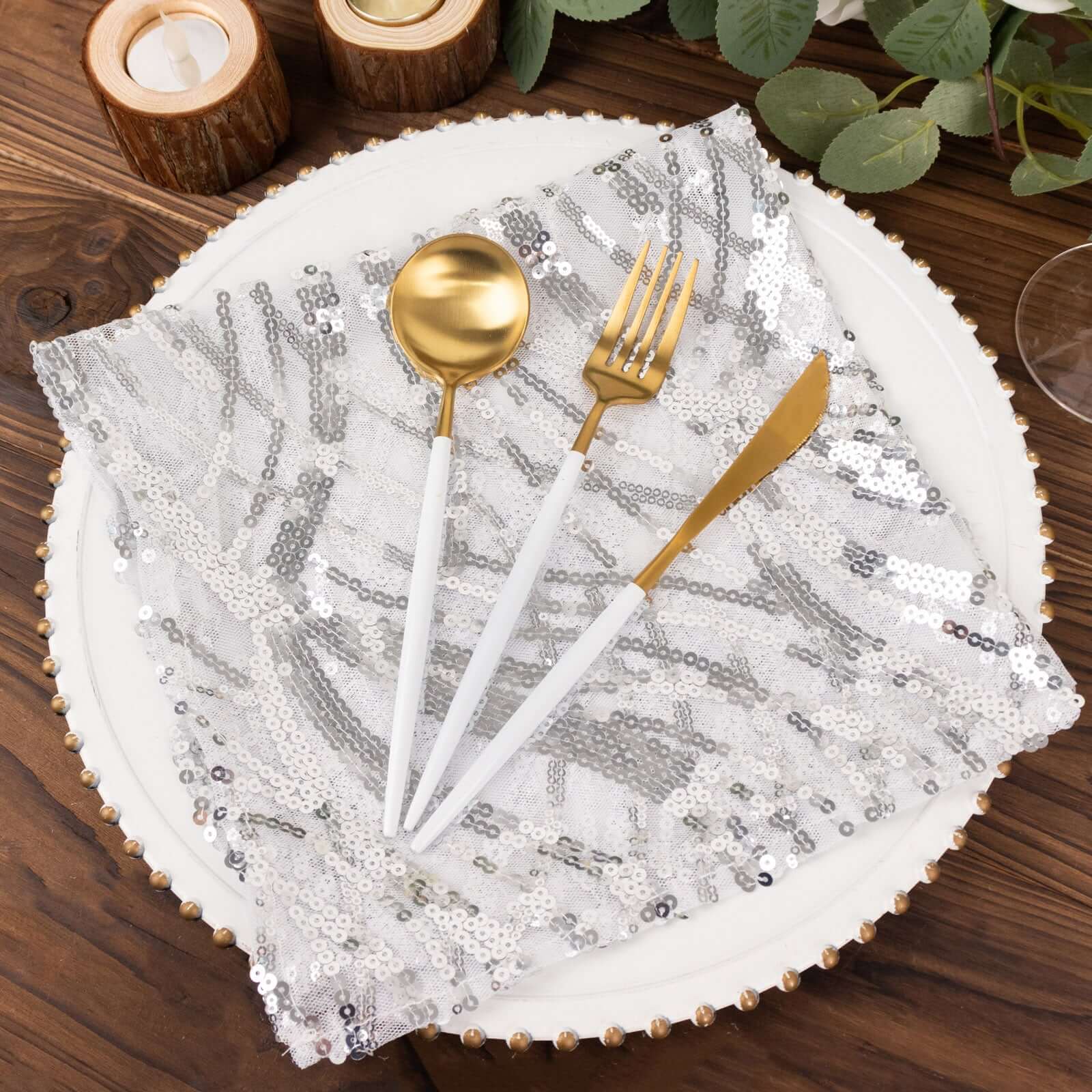 Sequin Mesh Napkin 20"x20" Silver - Wave Embroidered Dinner Napkin - Image 9