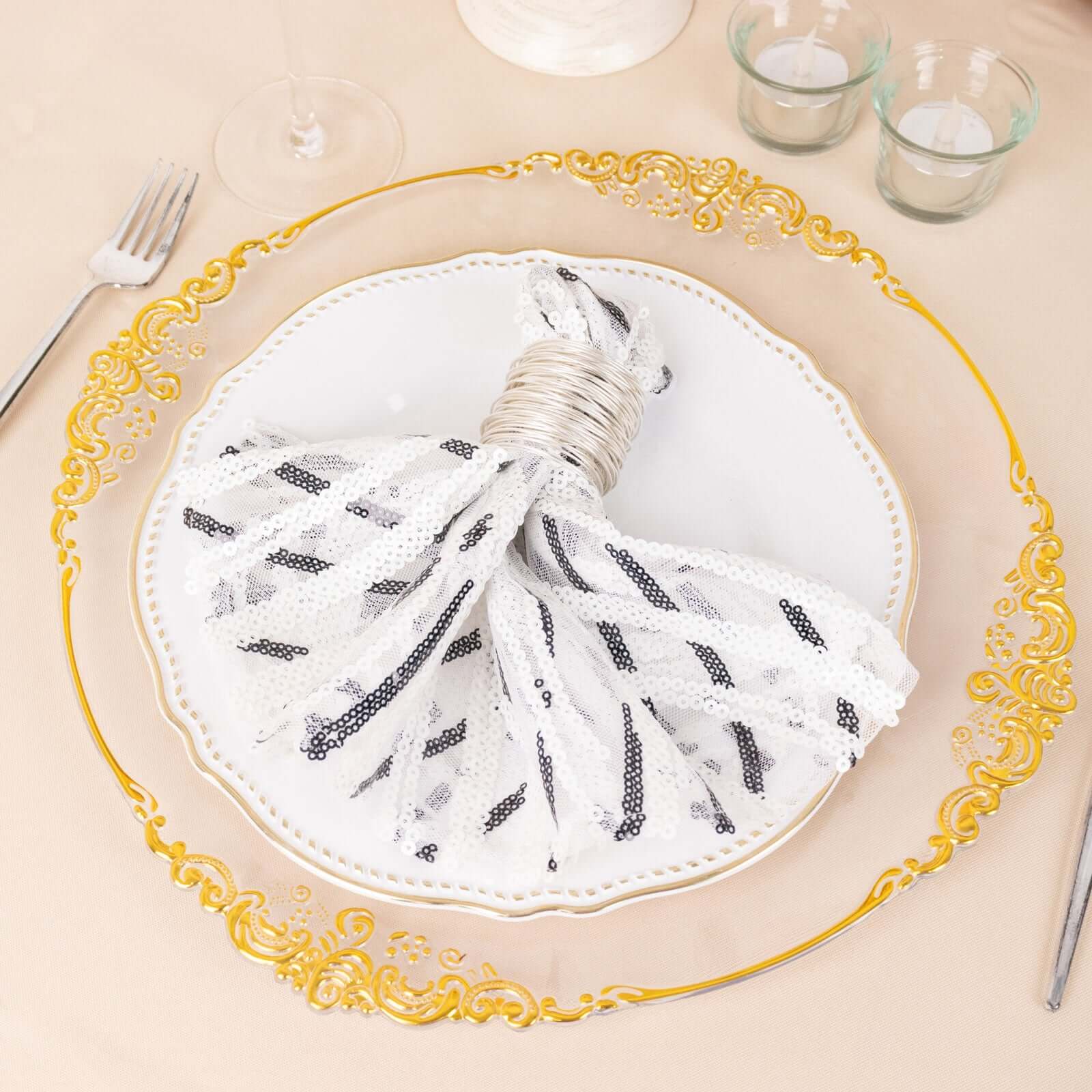 Sequin Mesh Napkin 20"x20" White Black - Wave Embroidered Dinner Napkin - Image 13