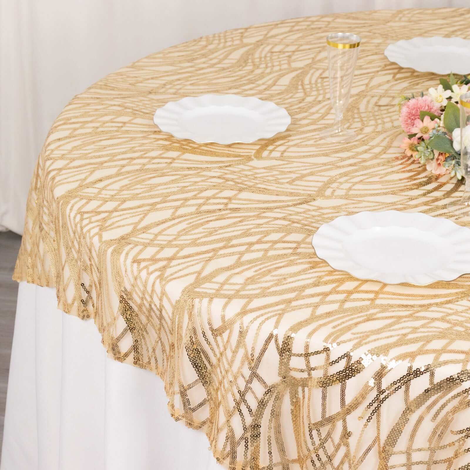 Sequin Mesh Table Overlay 72"x72" Champagne Wave Embroidered Table Topper - Image 4