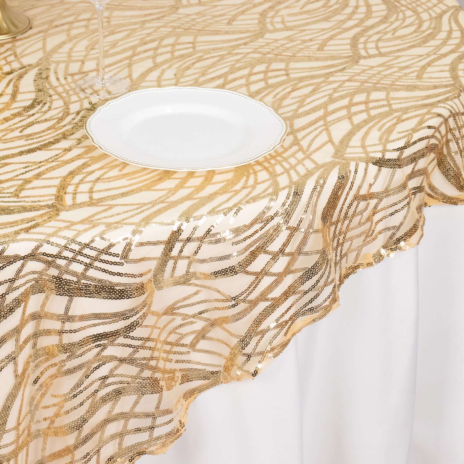 Sequin Mesh Table Overlay 72"x72" Champagne Wave Embroidered Table Topper - Image 5