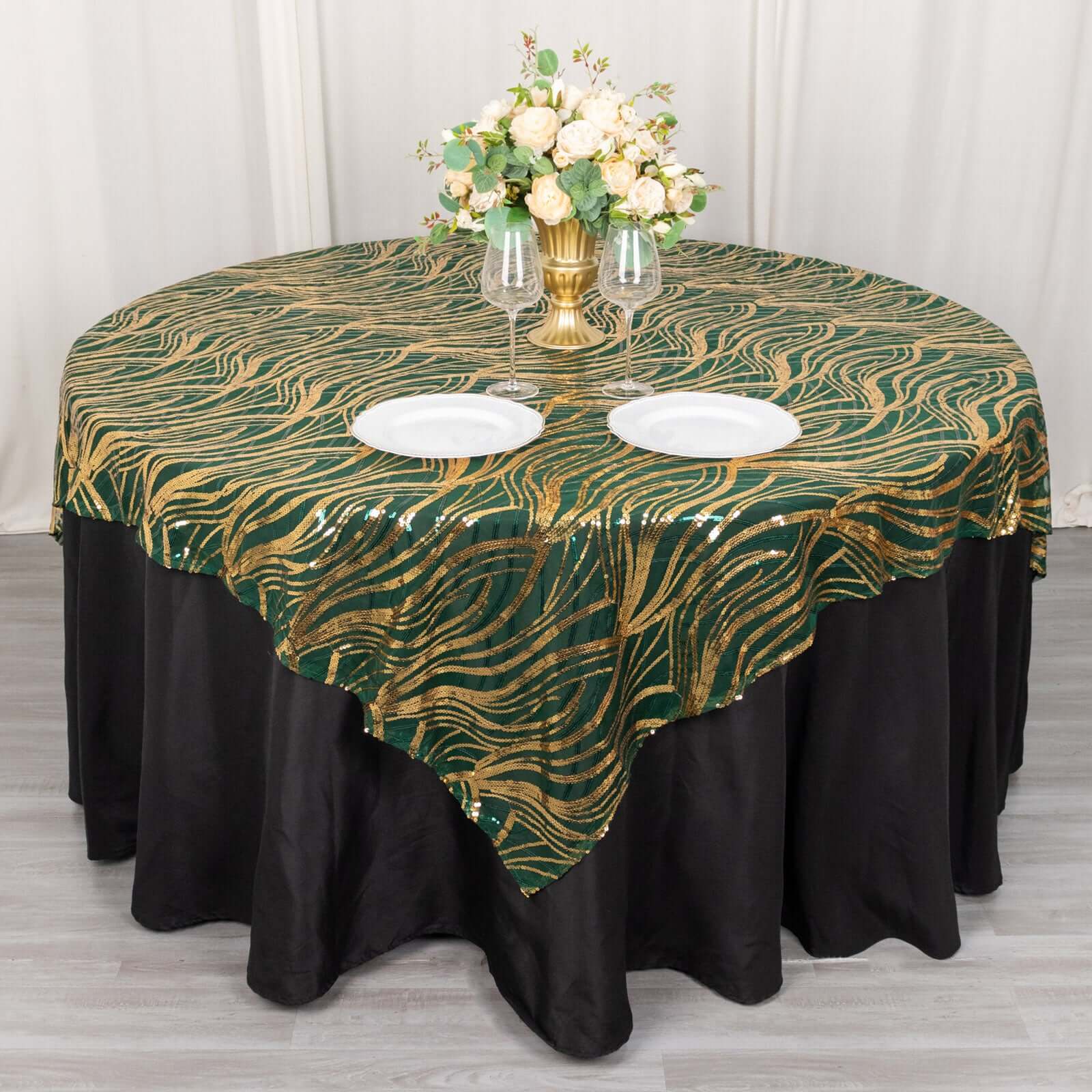 Sequin Mesh Table Overlay 72"x72" Hunter Emerald Green Wave Embroidered Table Topper