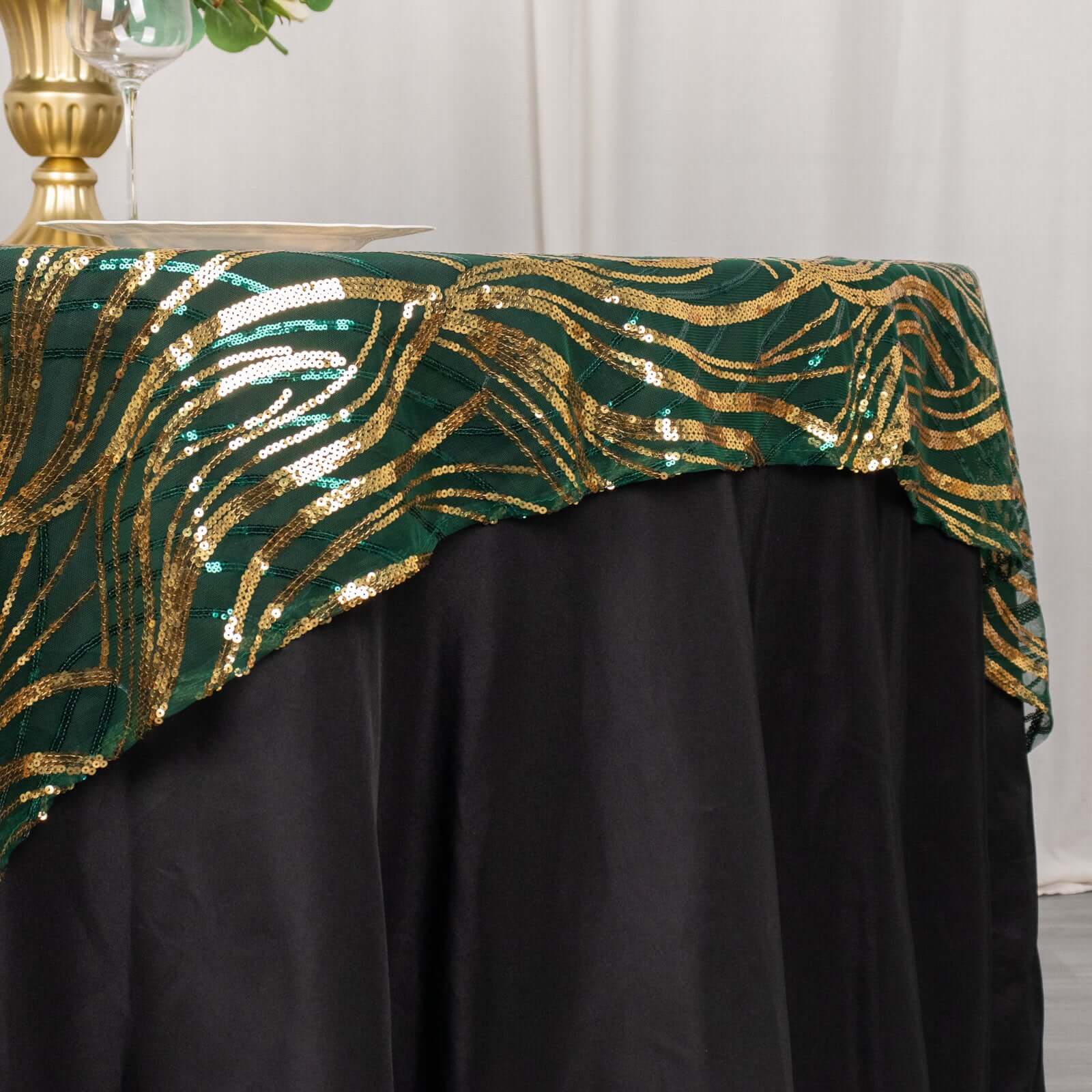 Sequin Mesh Table Overlay 72"x72" Hunter Emerald Green Wave Embroidered Table Topper - Image 2