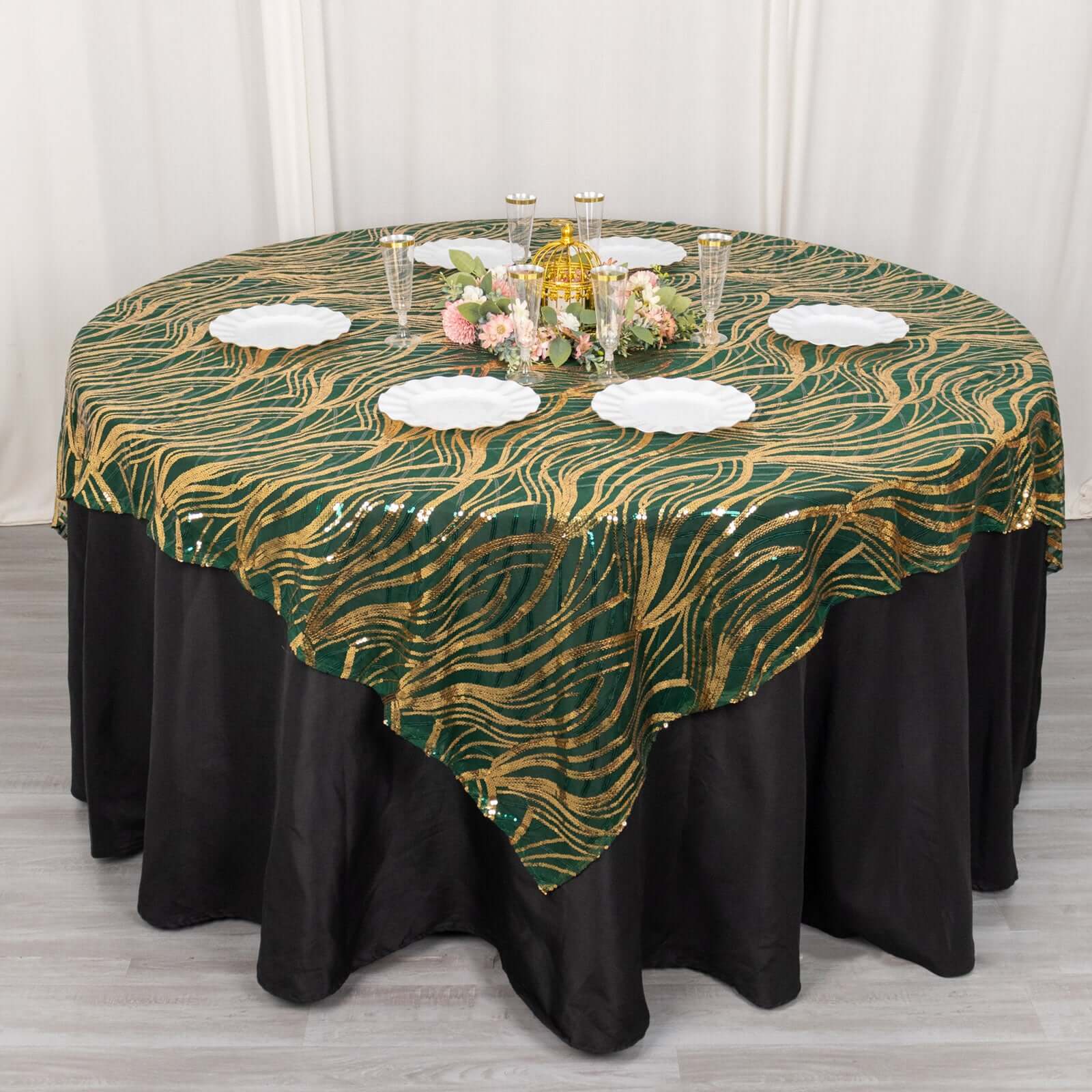Sequin Mesh Table Overlay 72"x72" Hunter Emerald Green Wave Embroidered Table Topper - Image 3