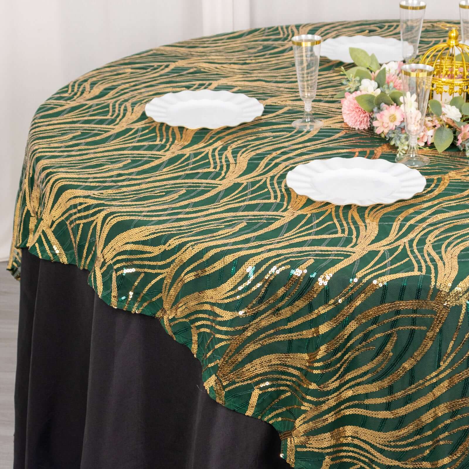 Sequin Mesh Table Overlay 72"x72" Hunter Emerald Green Wave Embroidered Table Topper - Image 4