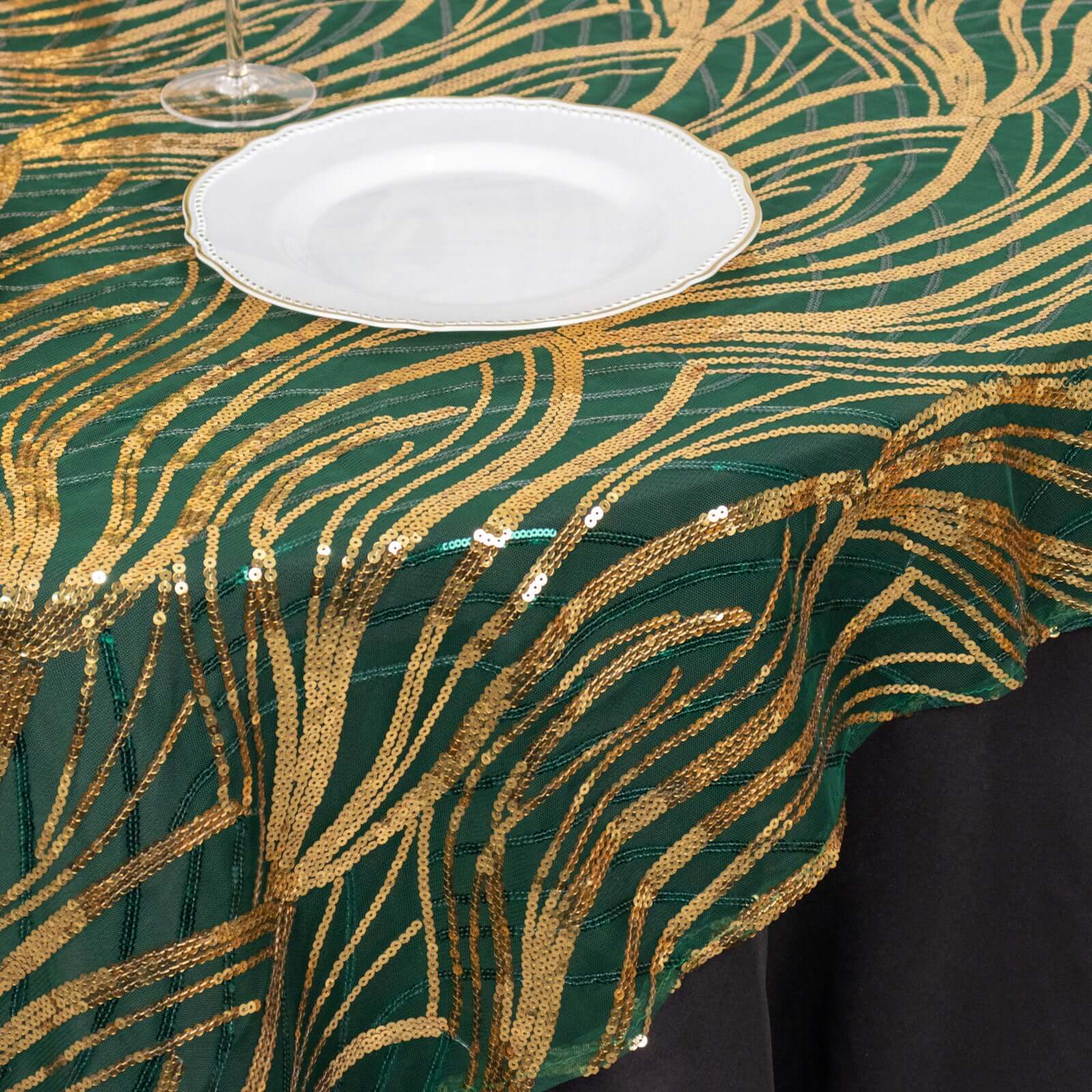 Sequin Mesh Table Overlay 72"x72" Hunter Emerald Green Wave Embroidered Table Topper - Image 5