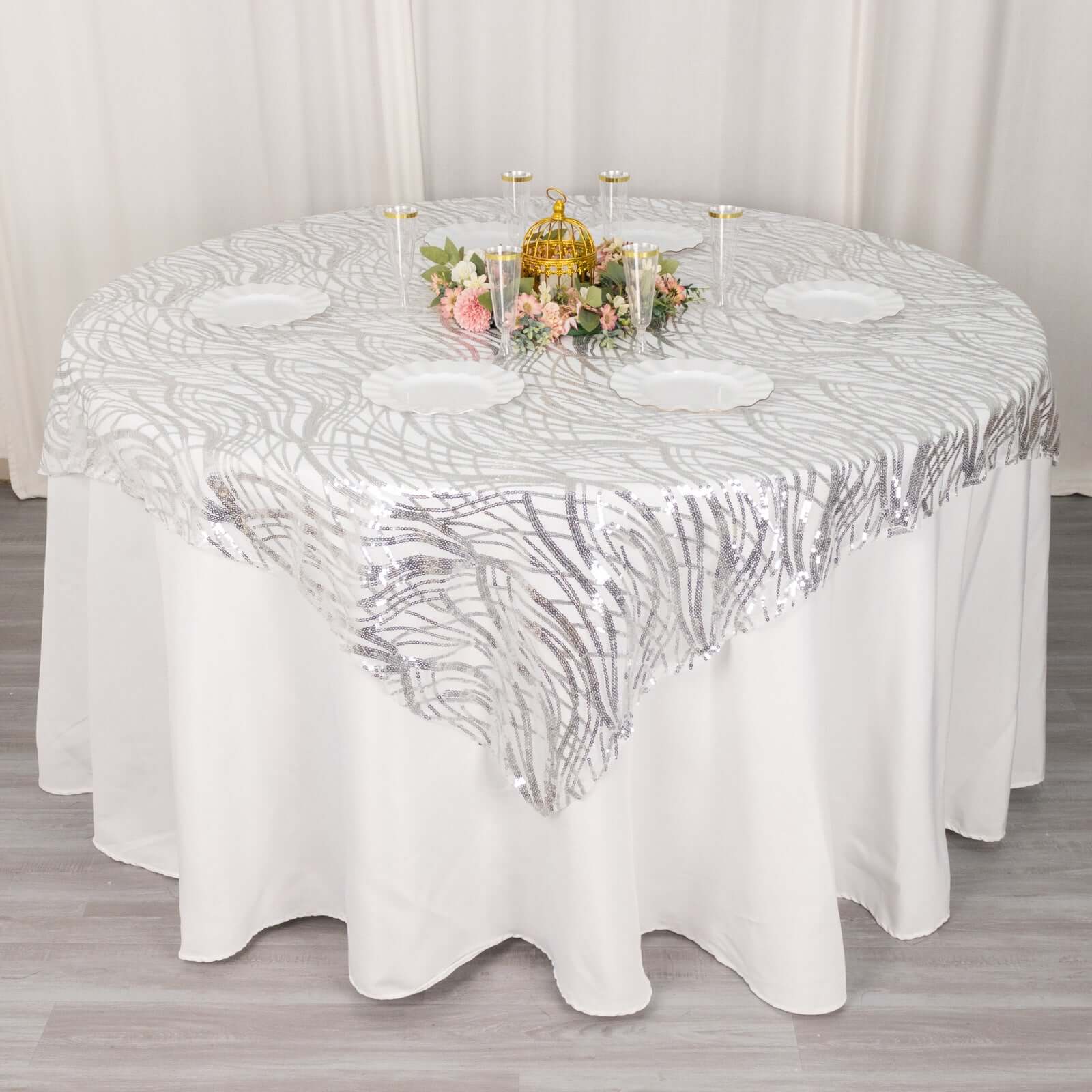 Sequin Mesh Table Overlay 72"x72" Silver Wave Embroidered Table Topper - Image 3