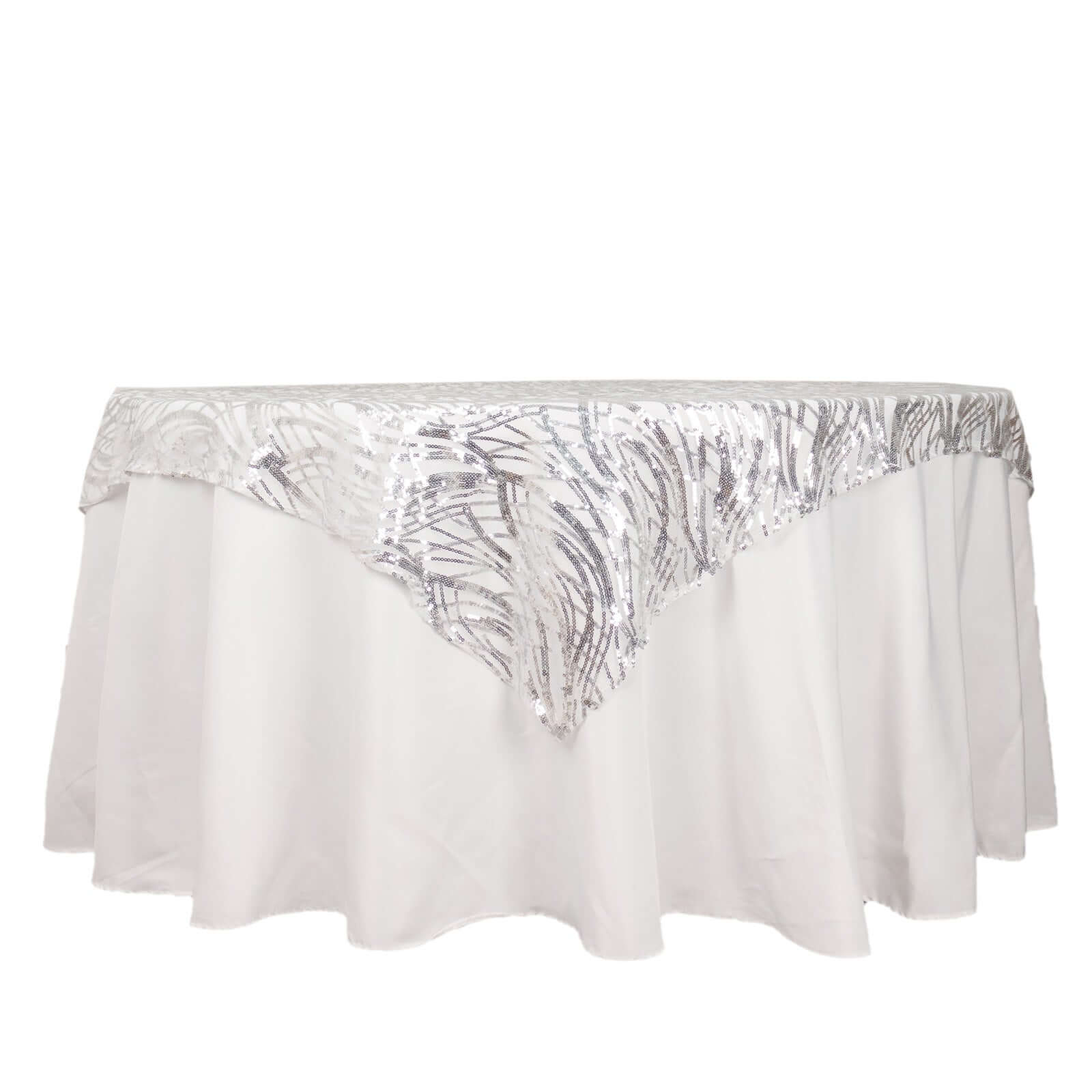 Sequin Mesh Table Overlay 72"x72" Silver Wave Embroidered Table Topper - Image 7