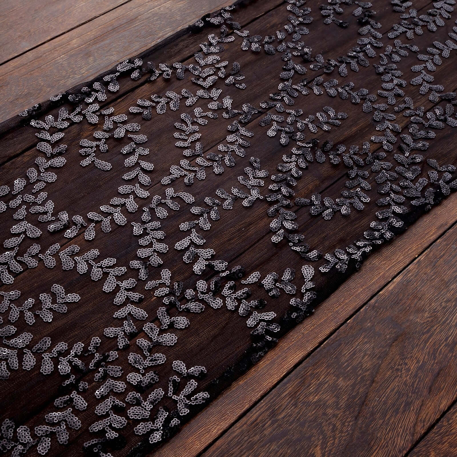 Sequin Mesh Table Runner 12"x108" Black Leaf Vine Embroidered Design - Image 2