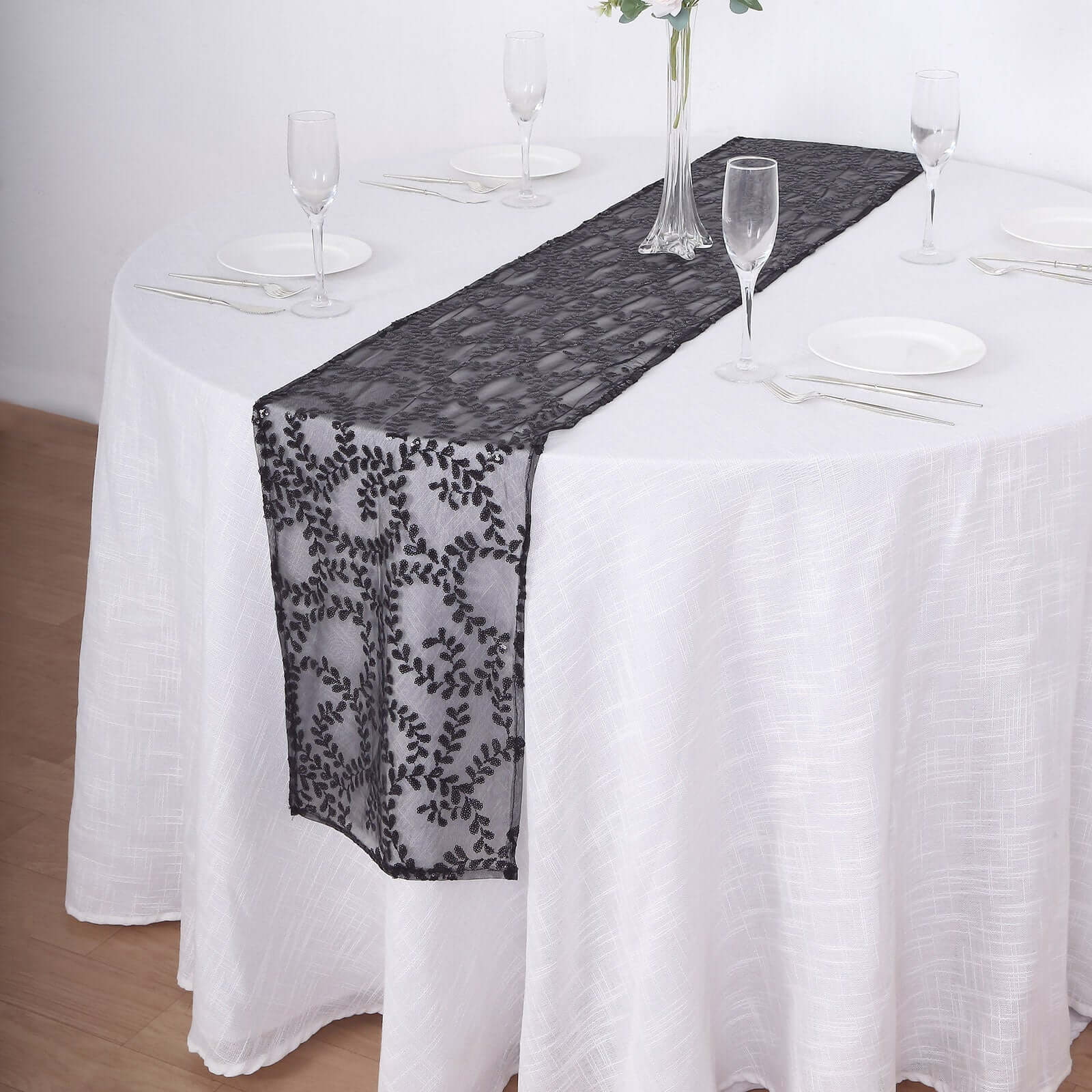 Sequin Mesh Table Runner 12"x108" Black Leaf Vine Embroidered Design - Image 5
