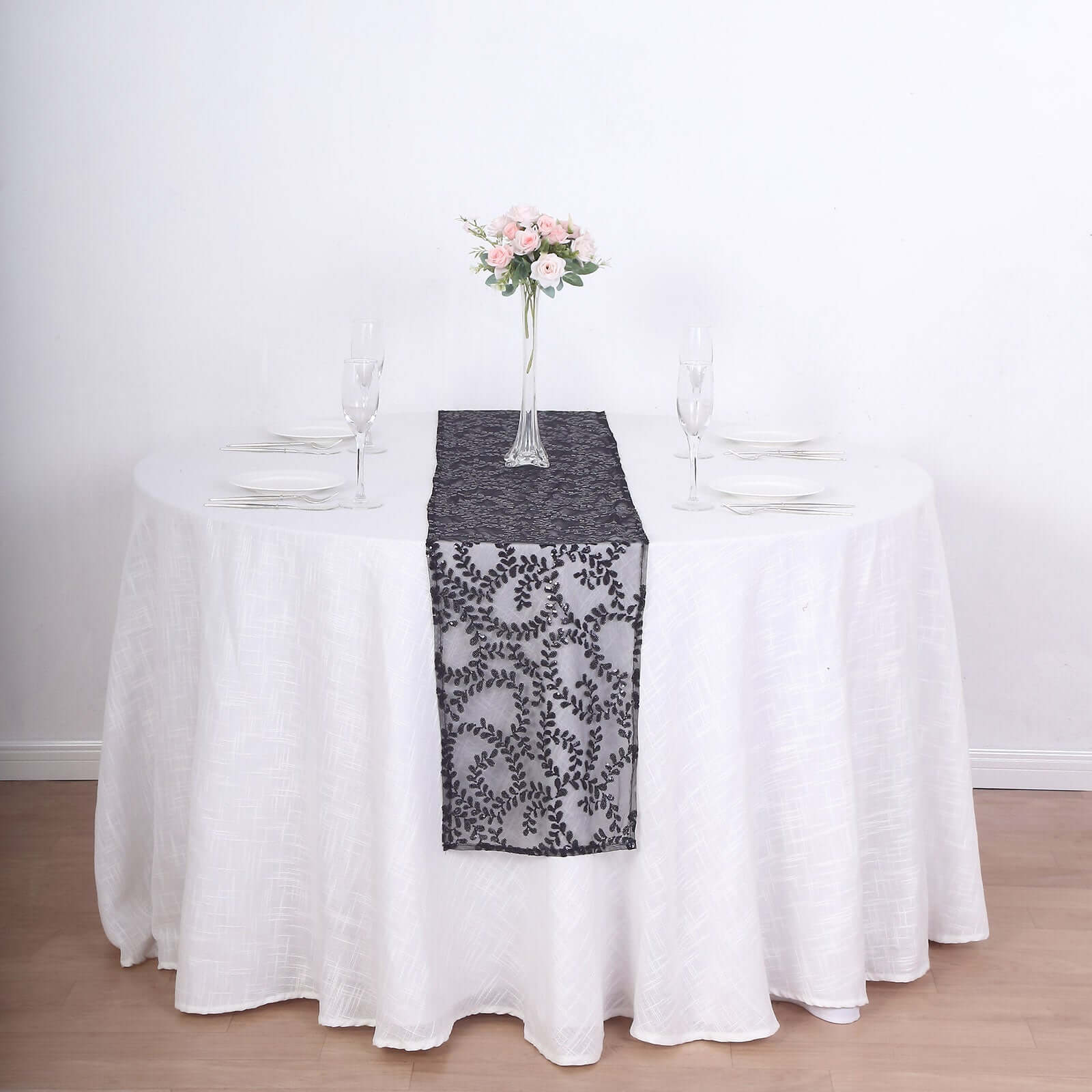 Sequin Mesh Table Runner 12"x108" Black Leaf Vine Embroidered Design - Image 6