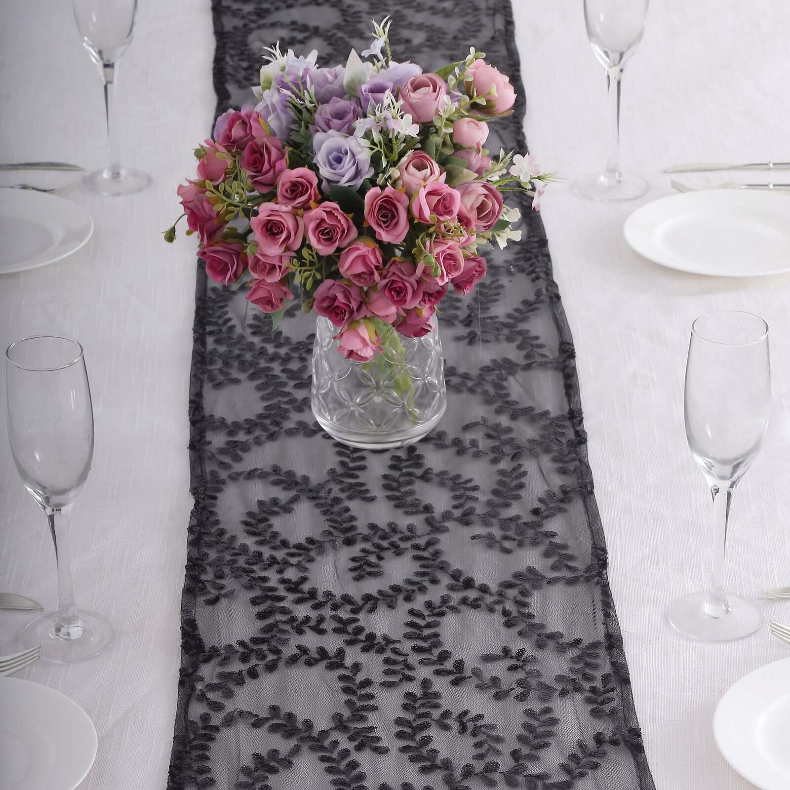 Sequin Mesh Table Runner 12"x108" Black Leaf Vine Embroidered Design - Image 7
