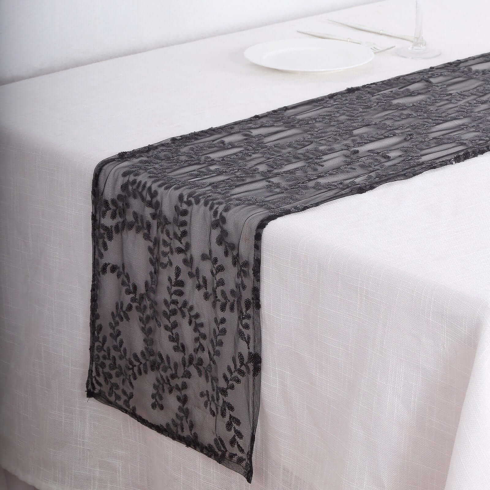 Sequin Mesh Table Runner 12"x108" Black Leaf Vine Embroidered Design - Image 8