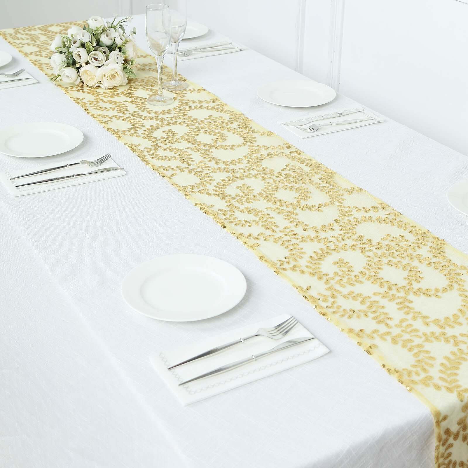Sequin Mesh Table Runner 12"x108" Gold Leaf Vine Embroidered Design Perfect for Luxe Occasions - Image 6