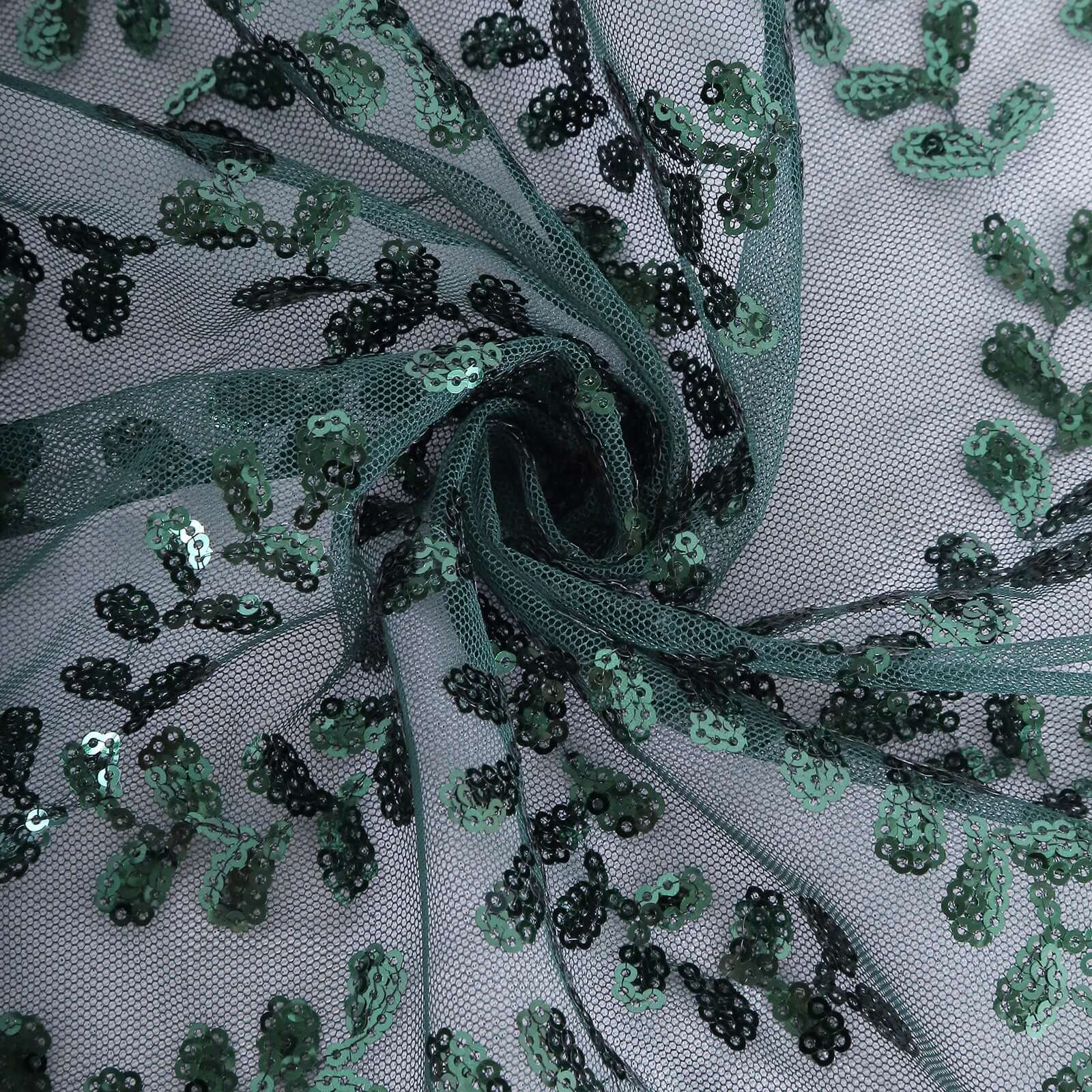 Sequin Mesh Table Runner 12"x108" Hunter Emerald Green Leaf Vine Embroidered Design - Image 10
