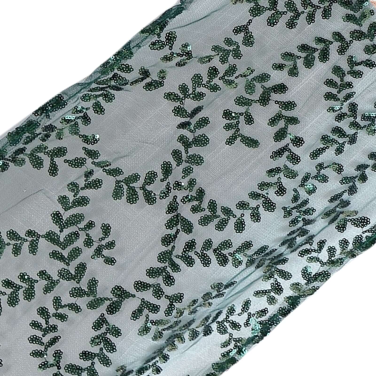 Sequin Mesh Table Runner 12"x108" Hunter Emerald Green Leaf Vine Embroidered Design - Image 3
