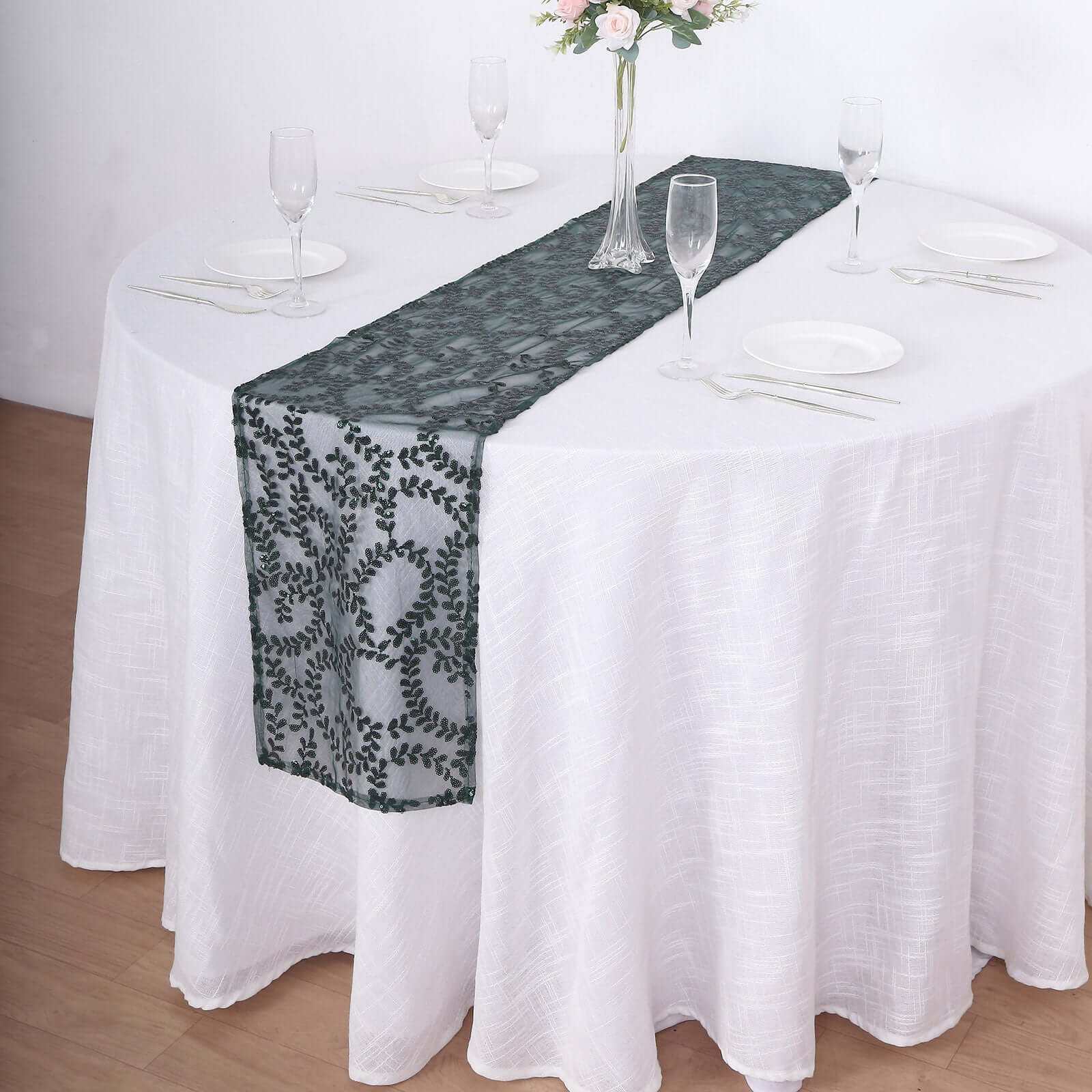 Sequin Mesh Table Runner 12"x108" Hunter Emerald Green Leaf Vine Embroidered Design - Image 5
