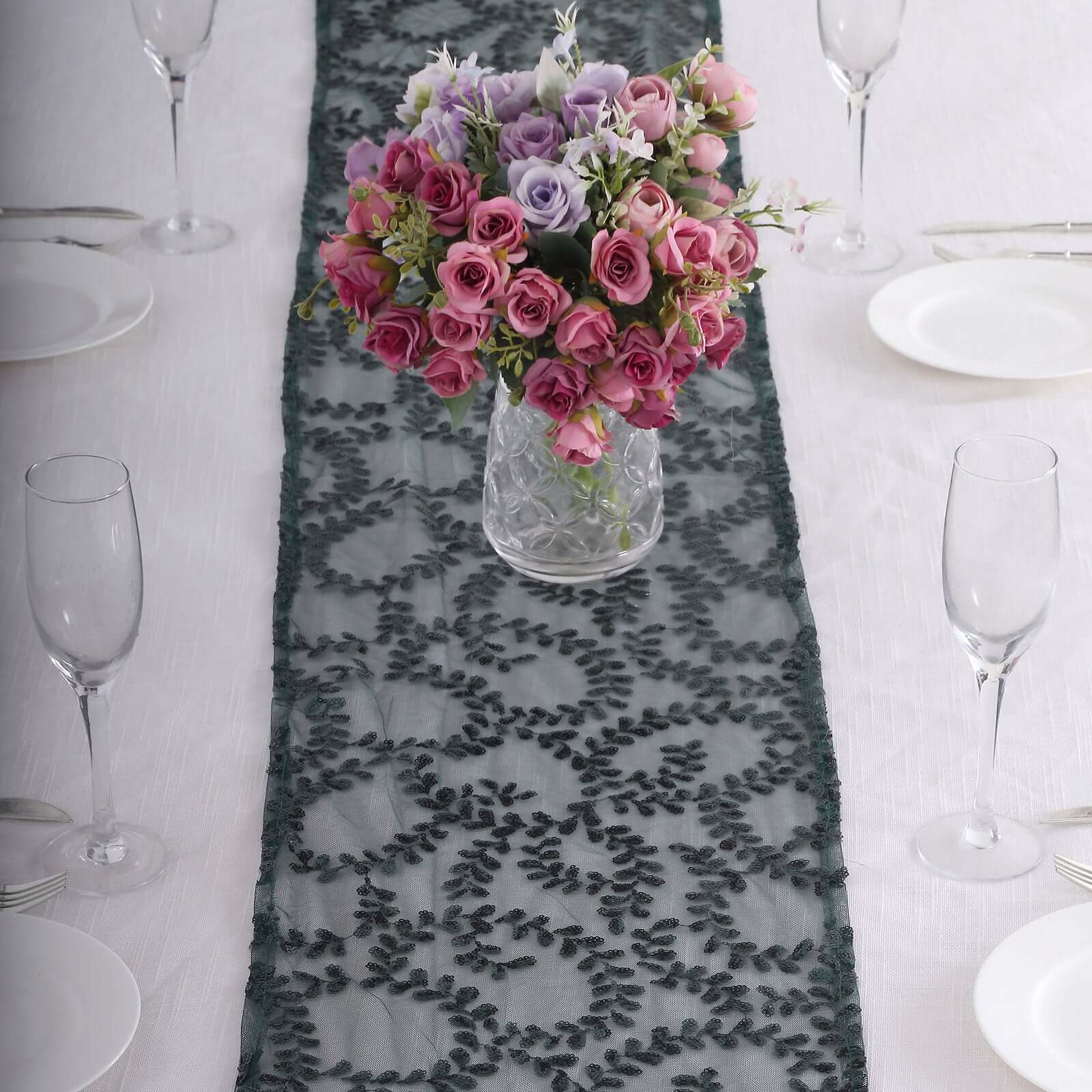Sequin Mesh Table Runner 12"x108" Hunter Emerald Green Leaf Vine Embroidered Design - Image 6