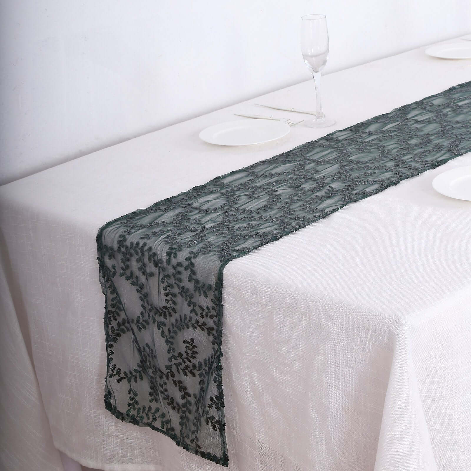 Sequin Mesh Table Runner 12"x108" Hunter Emerald Green Leaf Vine Embroidered Design - Image 7