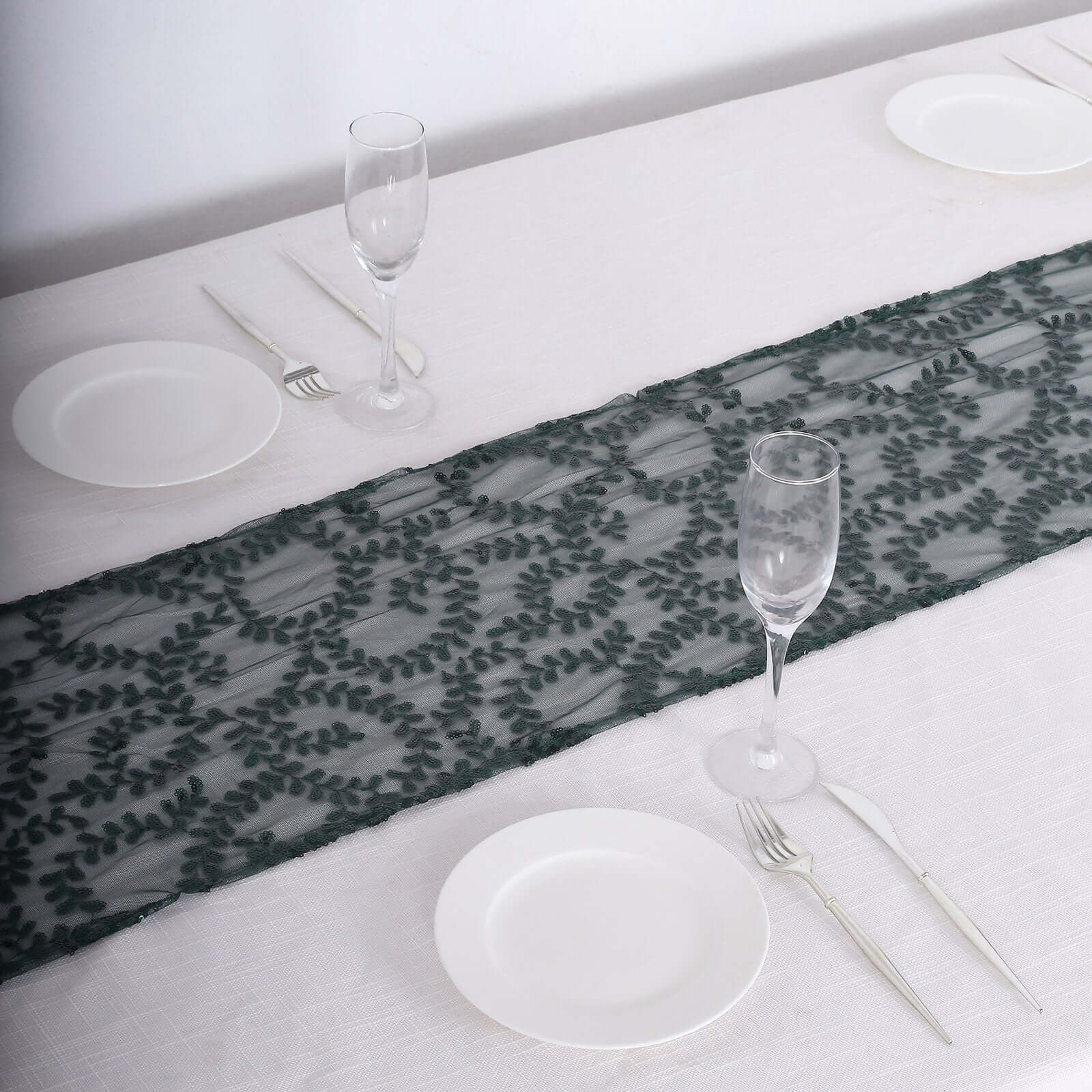 Sequin Mesh Table Runner 12"x108" Hunter Emerald Green Leaf Vine Embroidered Design - Image 8