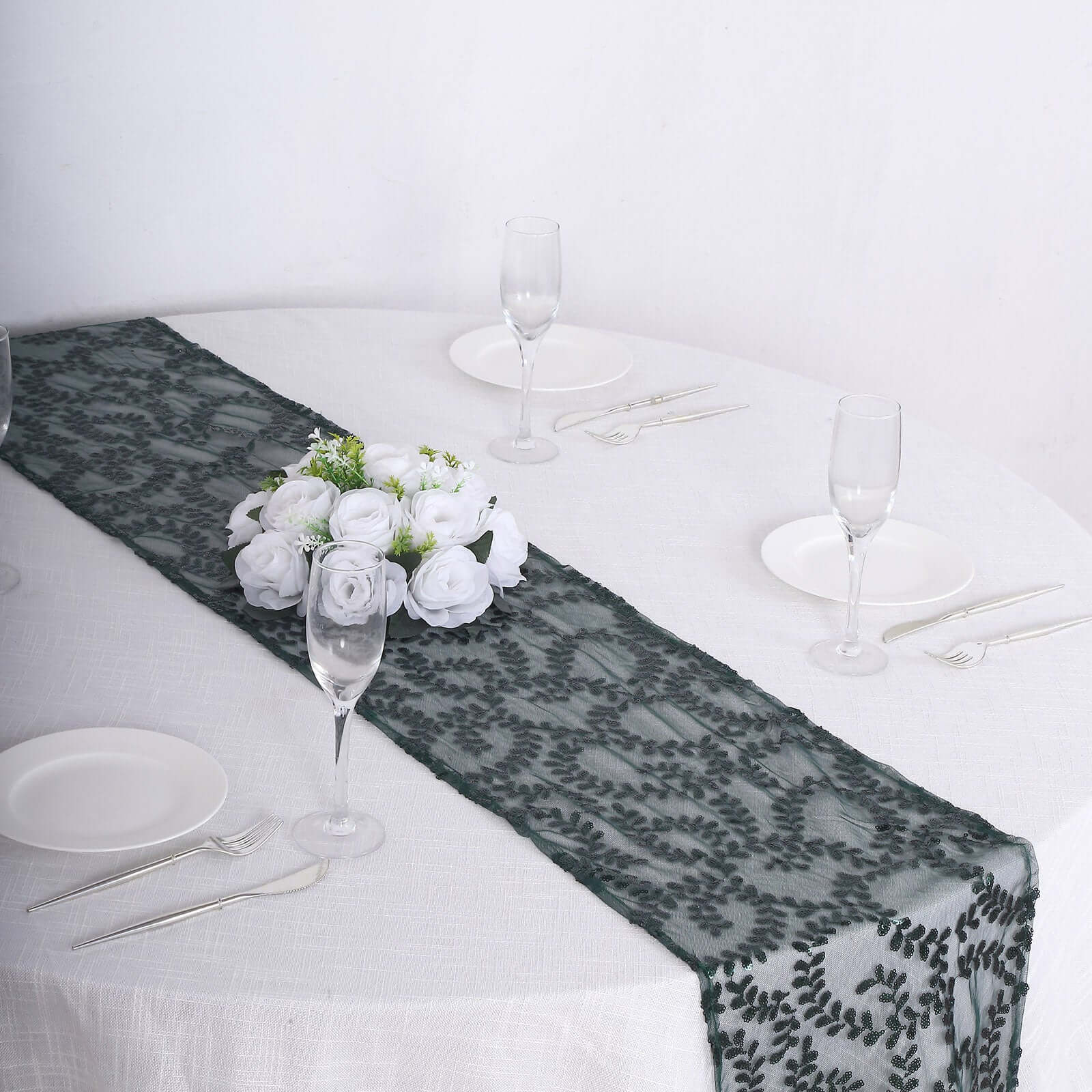 Sequin Mesh Table Runner 12"x108" Hunter Emerald Green Leaf Vine Embroidered Design - Image 9