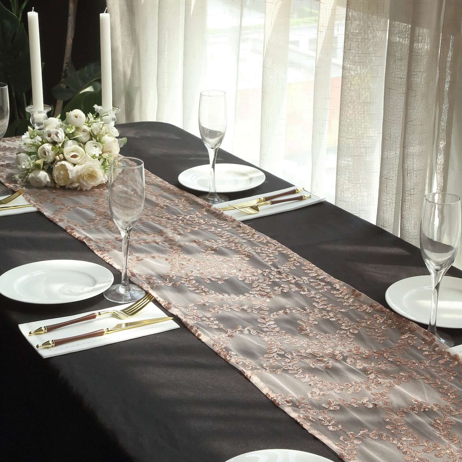 Sequin Mesh Table Runner 12"x108" Rose Gold Leaf Vine Embroidered Design - Image 10