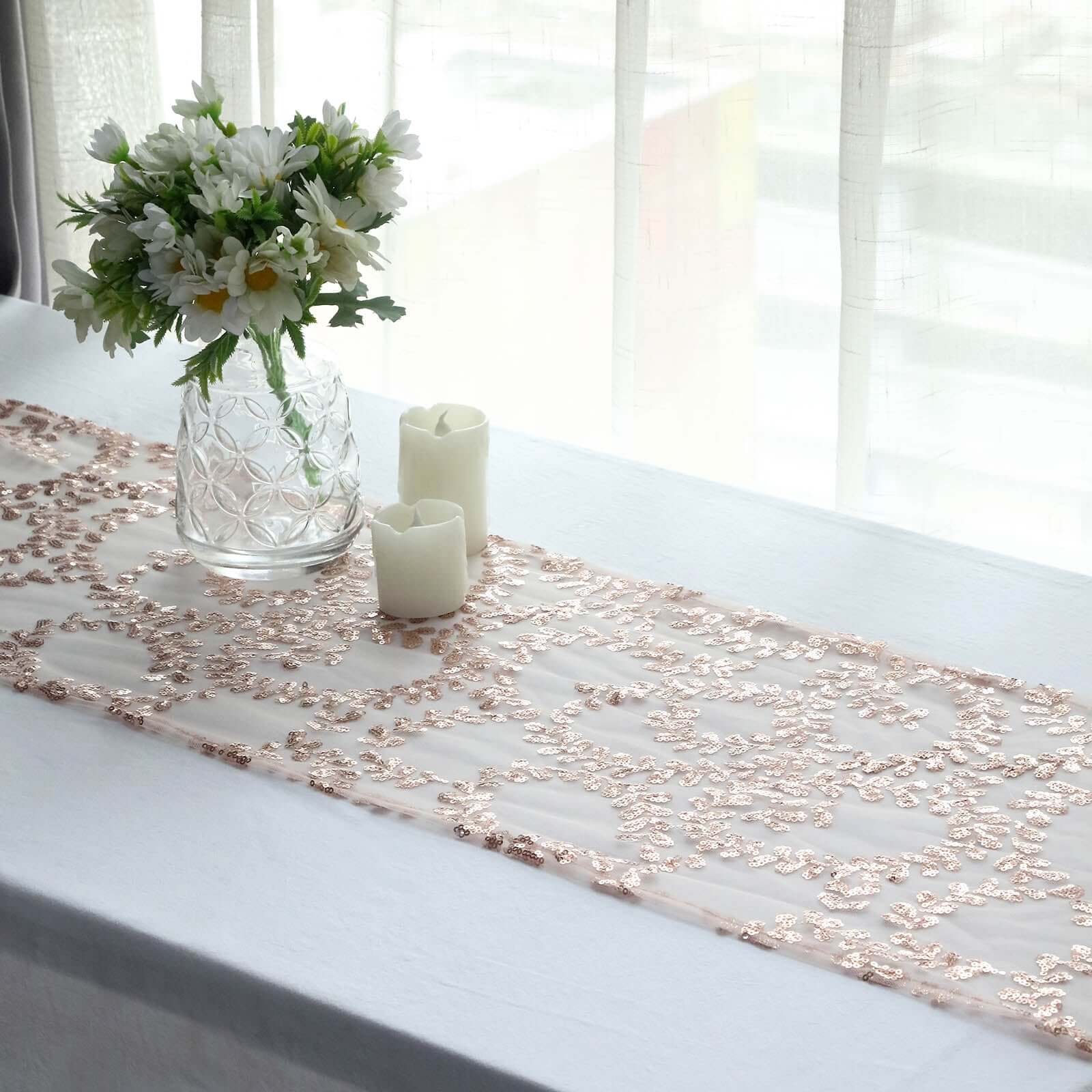 Sequin Mesh Table Runner 12"x108" Rose Gold Leaf Vine Embroidered Design - Image 14