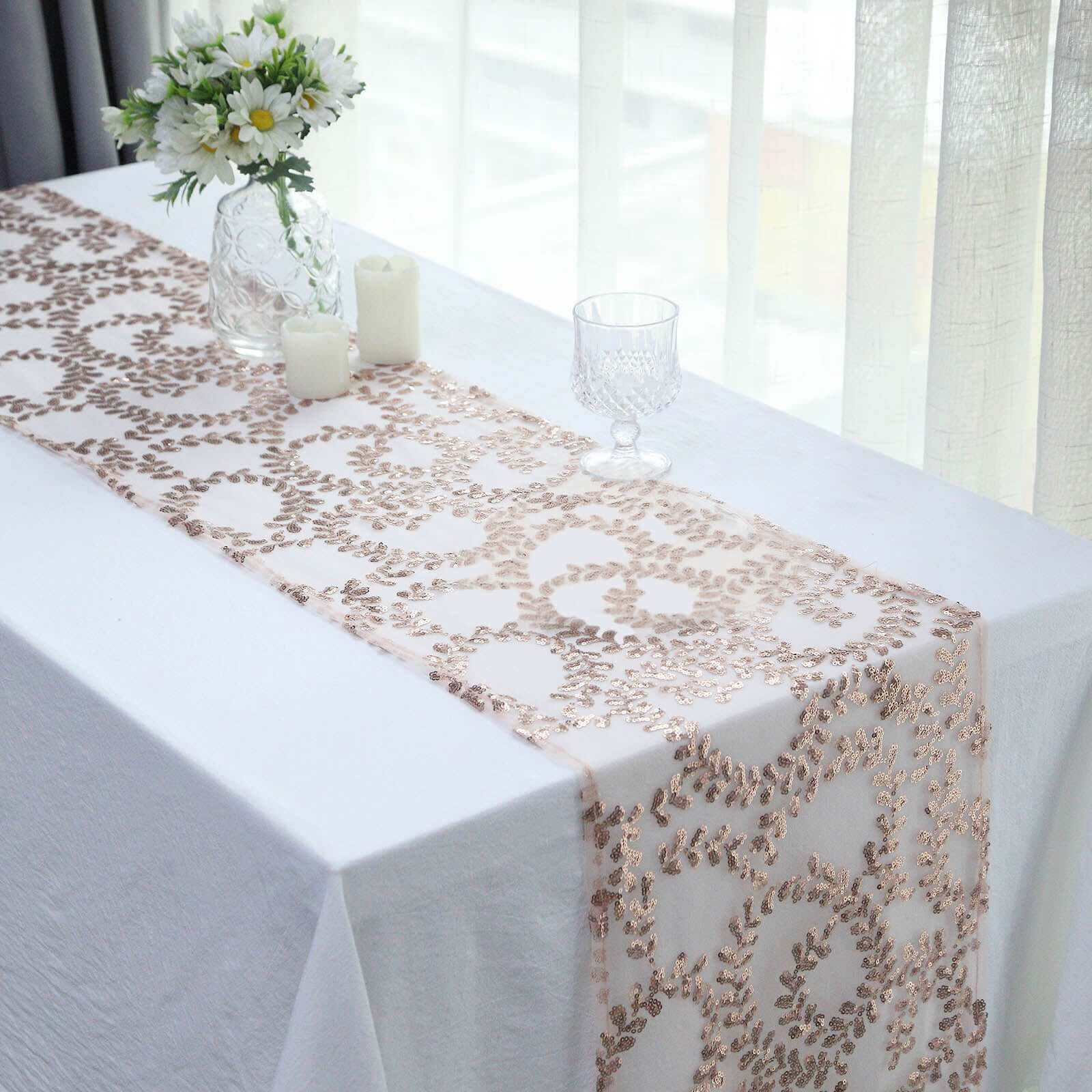 Sequin Mesh Table Runner 12"x108" Rose Gold Leaf Vine Embroidered Design - Image 15