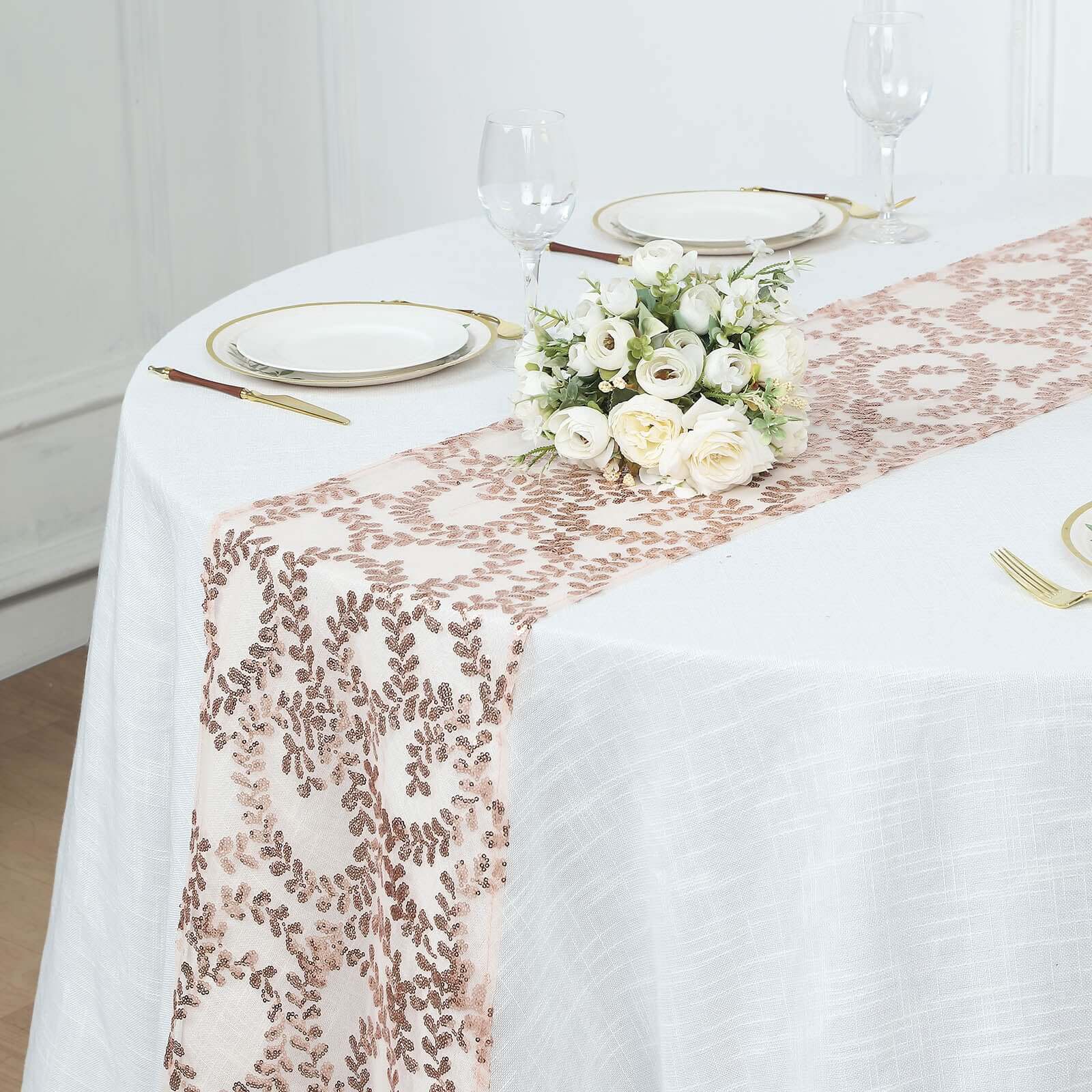 Sequin Mesh Table Runner 12"x108" Rose Gold Leaf Vine Embroidered Design - Image 2