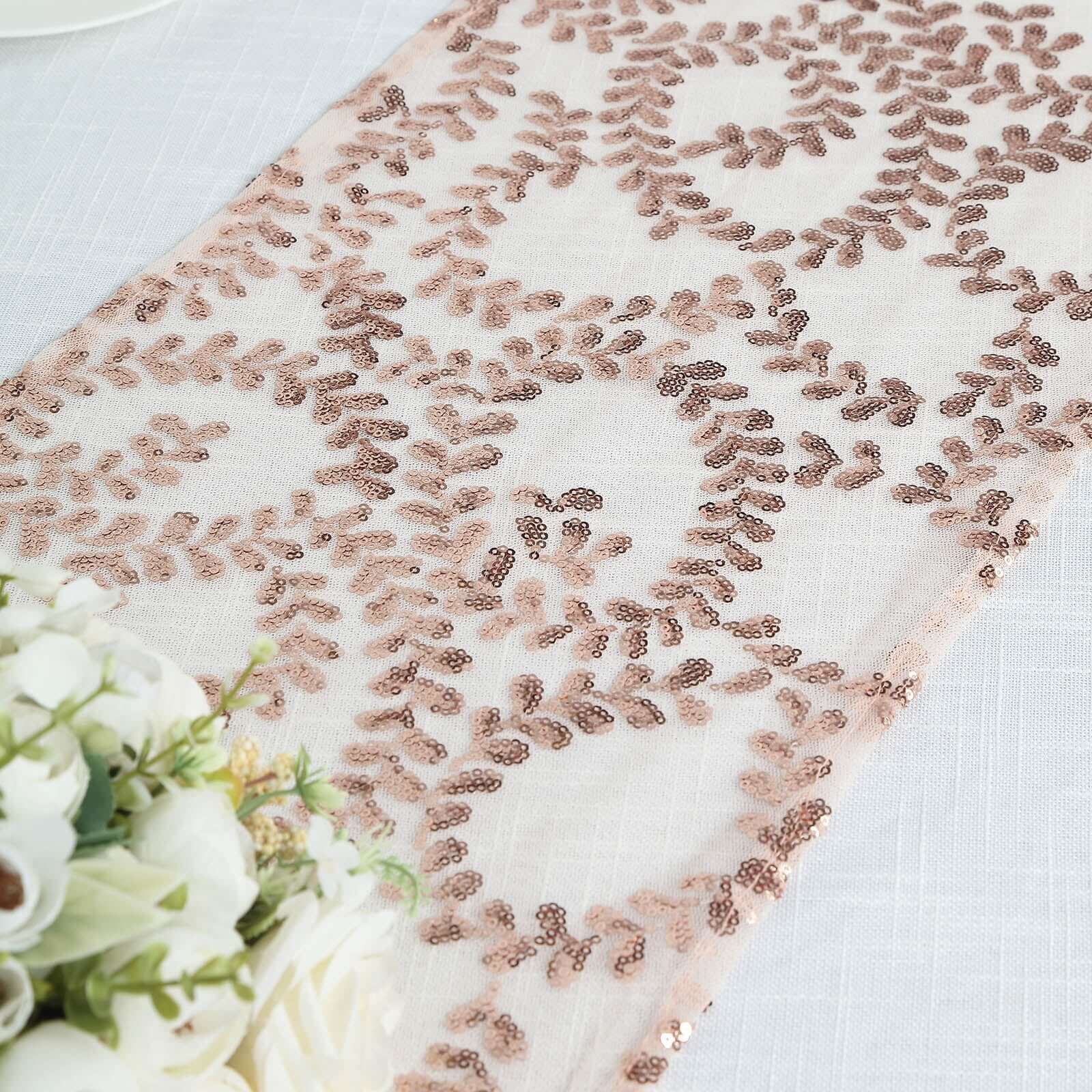 Sequin Mesh Table Runner 12"x108" Rose Gold Leaf Vine Embroidered Design - Image 8