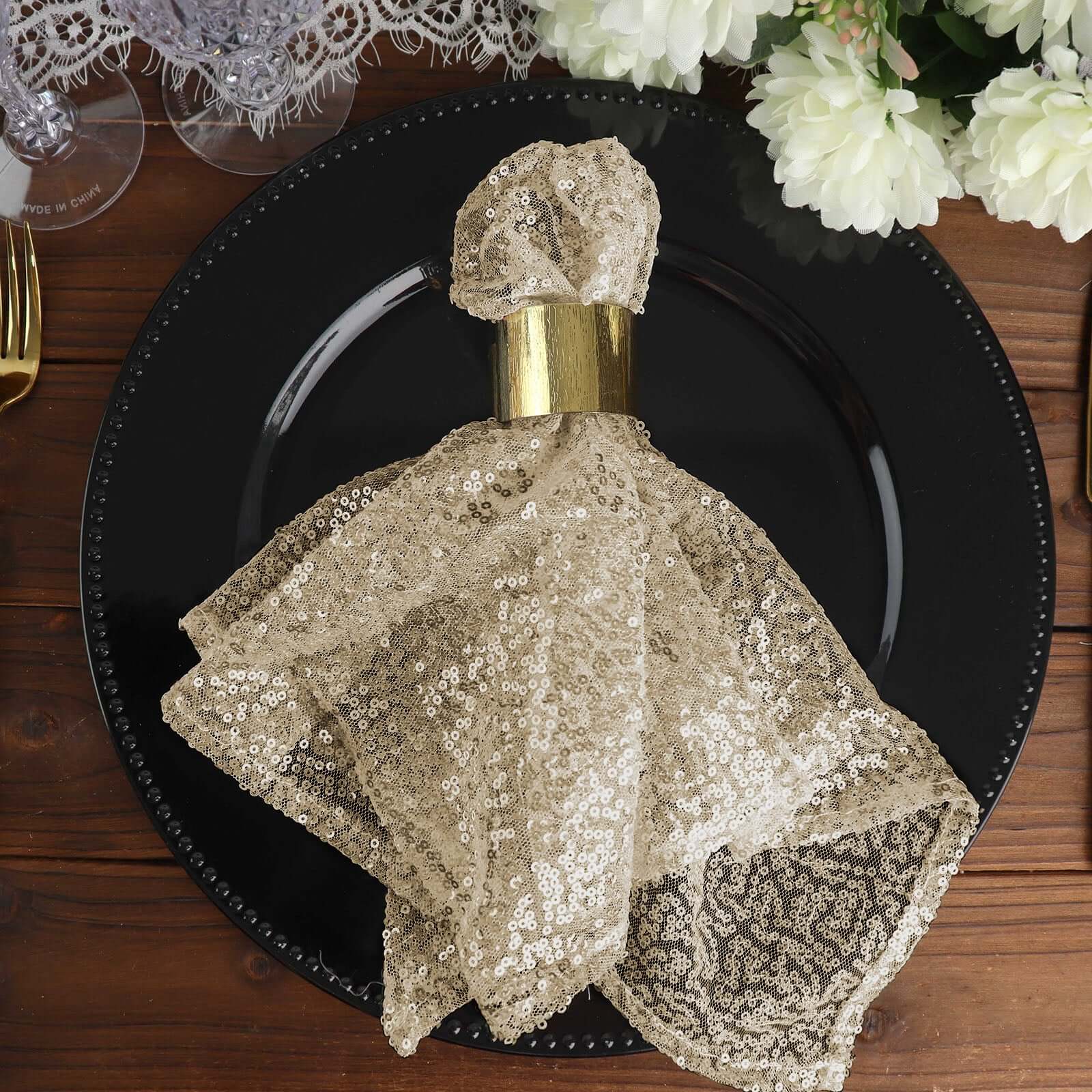 Sequin Napkin 20"x20" Champagne - Sparkling Reusable Cloth Napkin for Parties & Events - Image 5