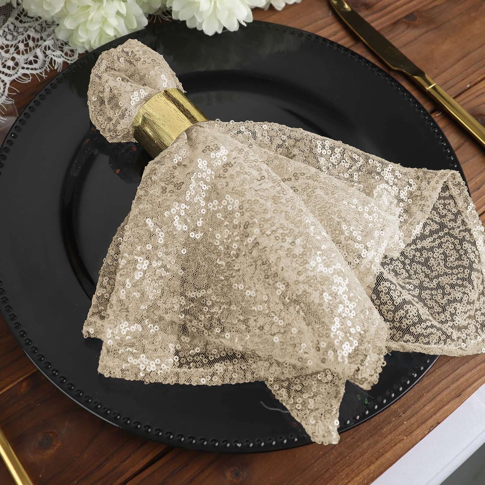 Sequin Napkin 20"x20" Champagne - Sparkling Reusable Cloth Napkin for Parties & Events - Image 7