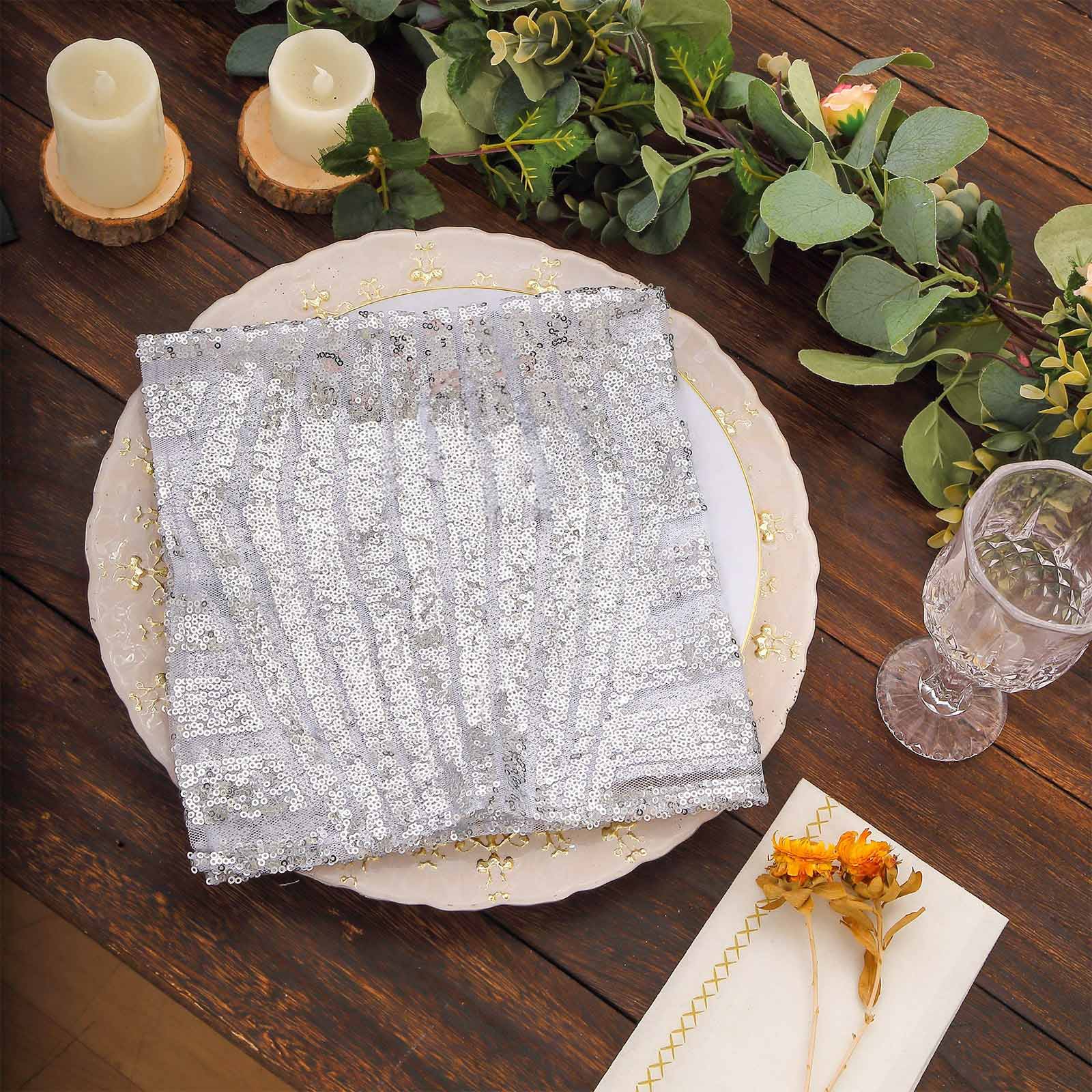 Sequin Napkins 20"x20" Silver - Diamond Pattern Reusable Dinner Napkins - Image 2