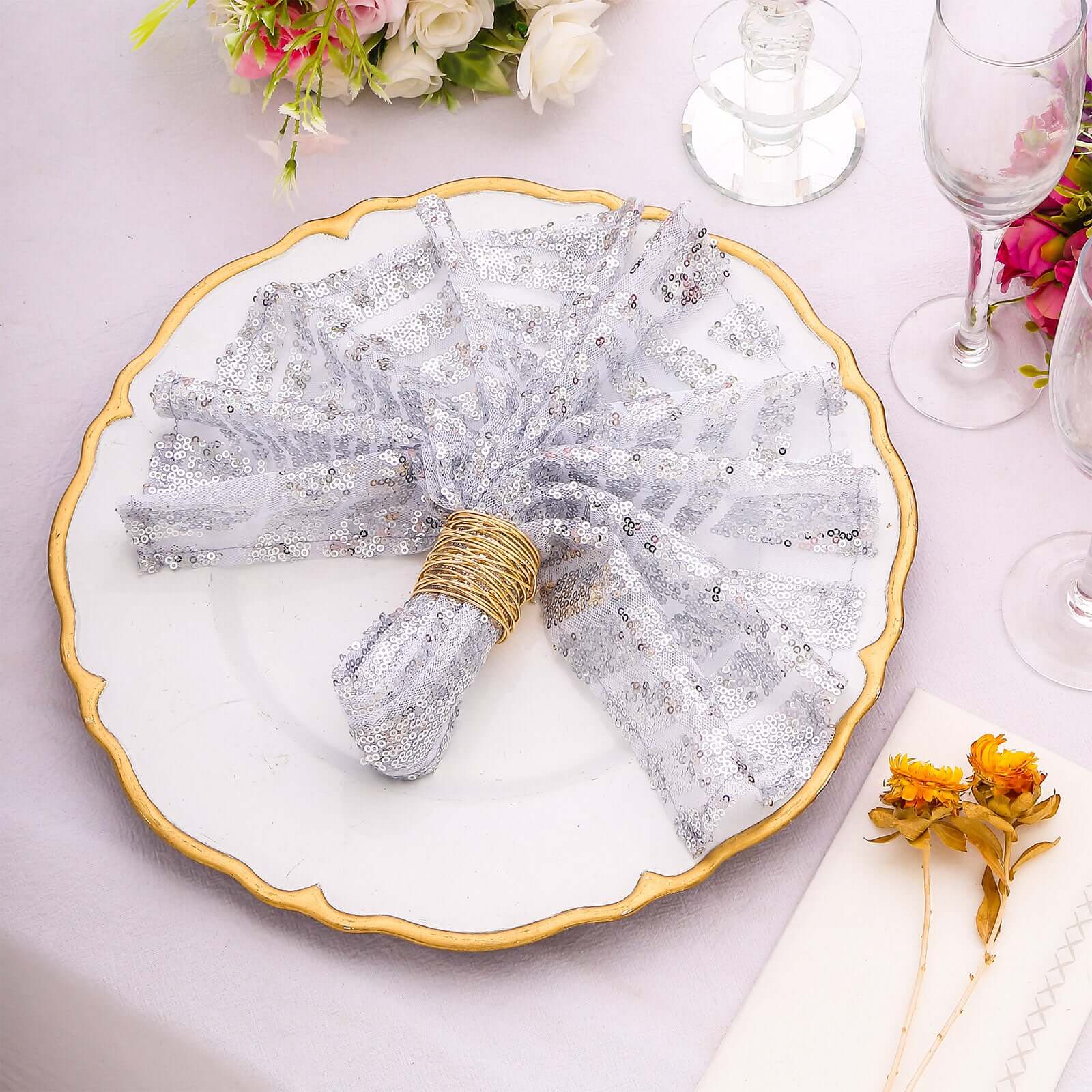 Sequin Napkins 20"x20" Silver - Diamond Pattern Reusable Dinner Napkins - Image 5
