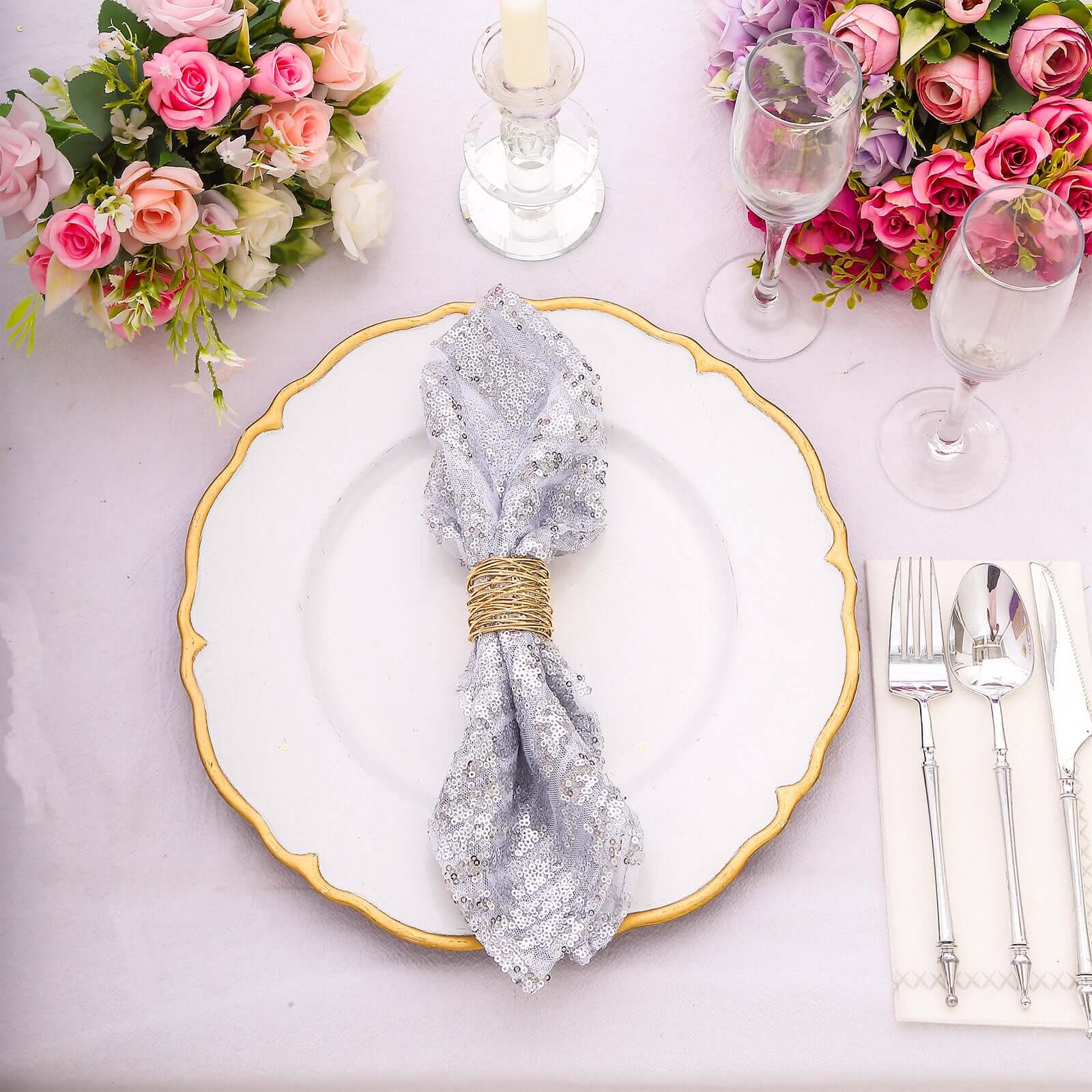 Sequin Napkins 20"x20" Silver - Diamond Pattern Reusable Dinner Napkins - Image 7