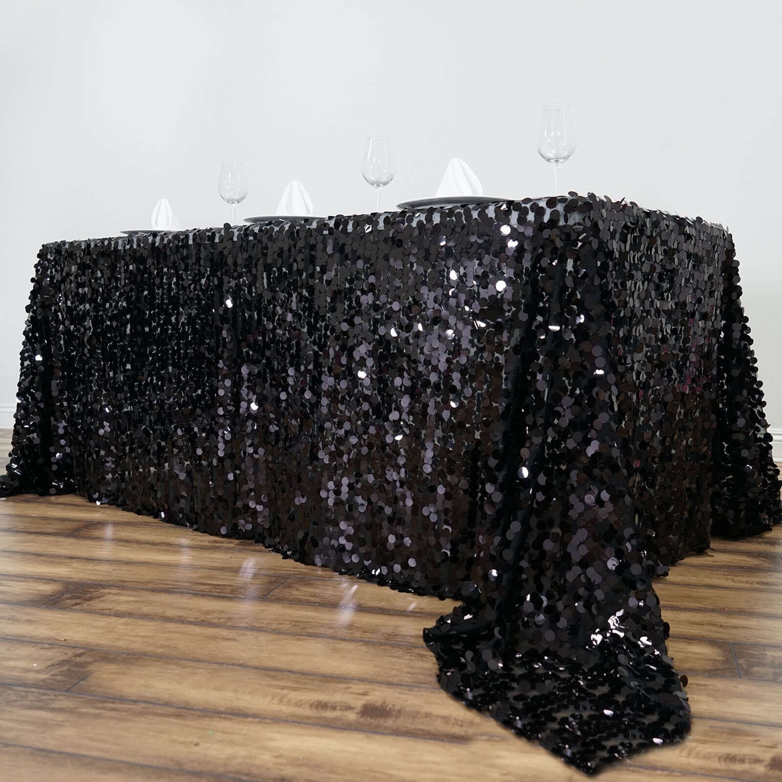 Sequin Rectangle Tablecloth 90"x132" Black - Big Payette Seamless Table Cover - Image 2