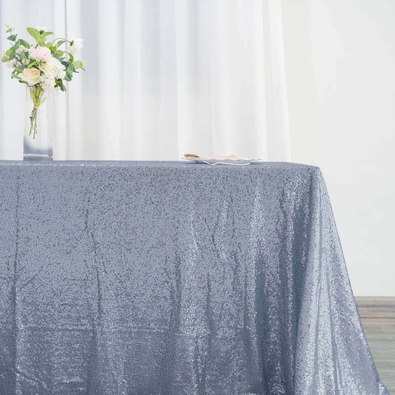 Sequin Rectangle Tablecloth 90"x132" Dusty Blue - Seamless Glittering Finish Table Cover - Image 2