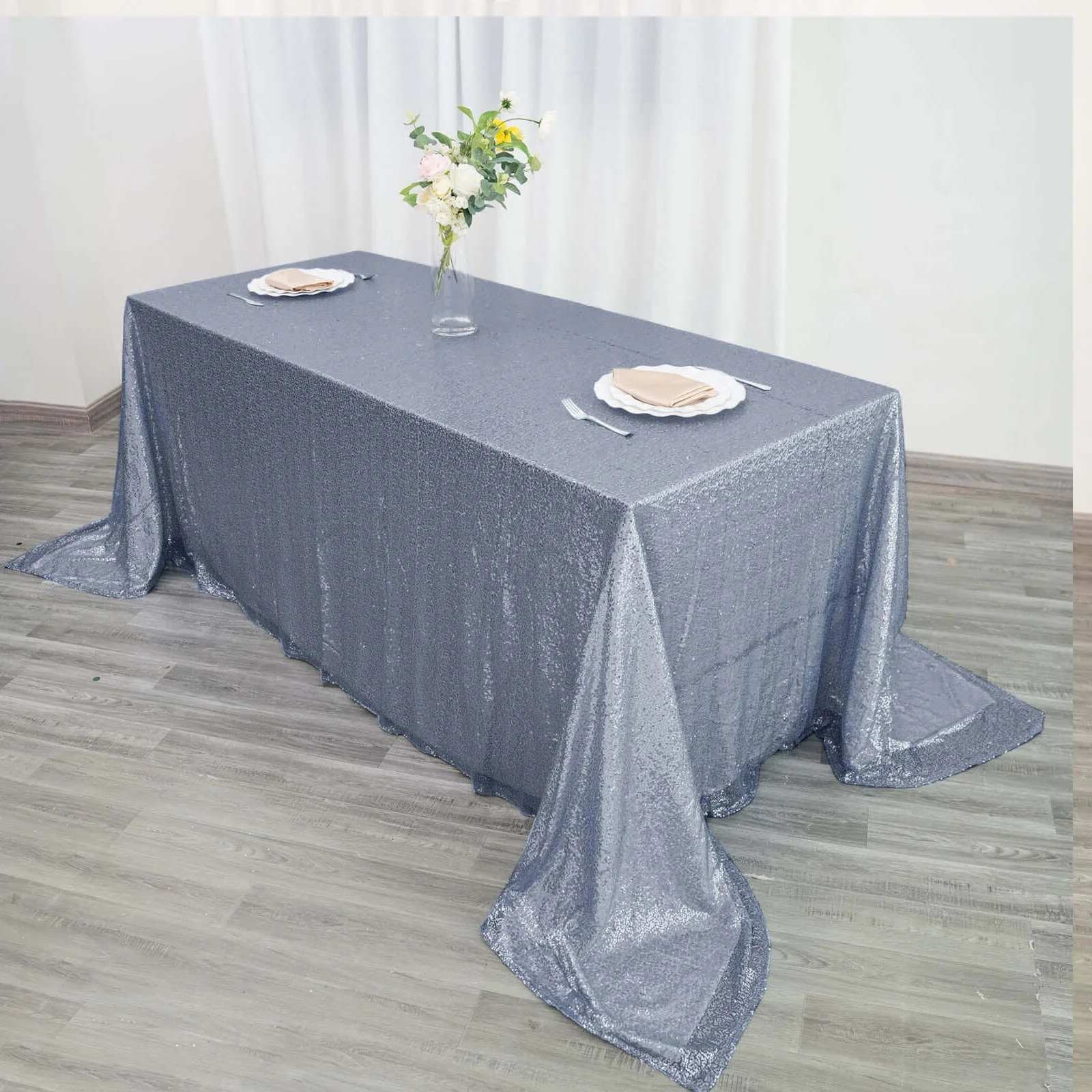 Sequin Rectangle Tablecloth 90"x132" Dusty Blue - Seamless Glittering Finish Table Cover - Image 3