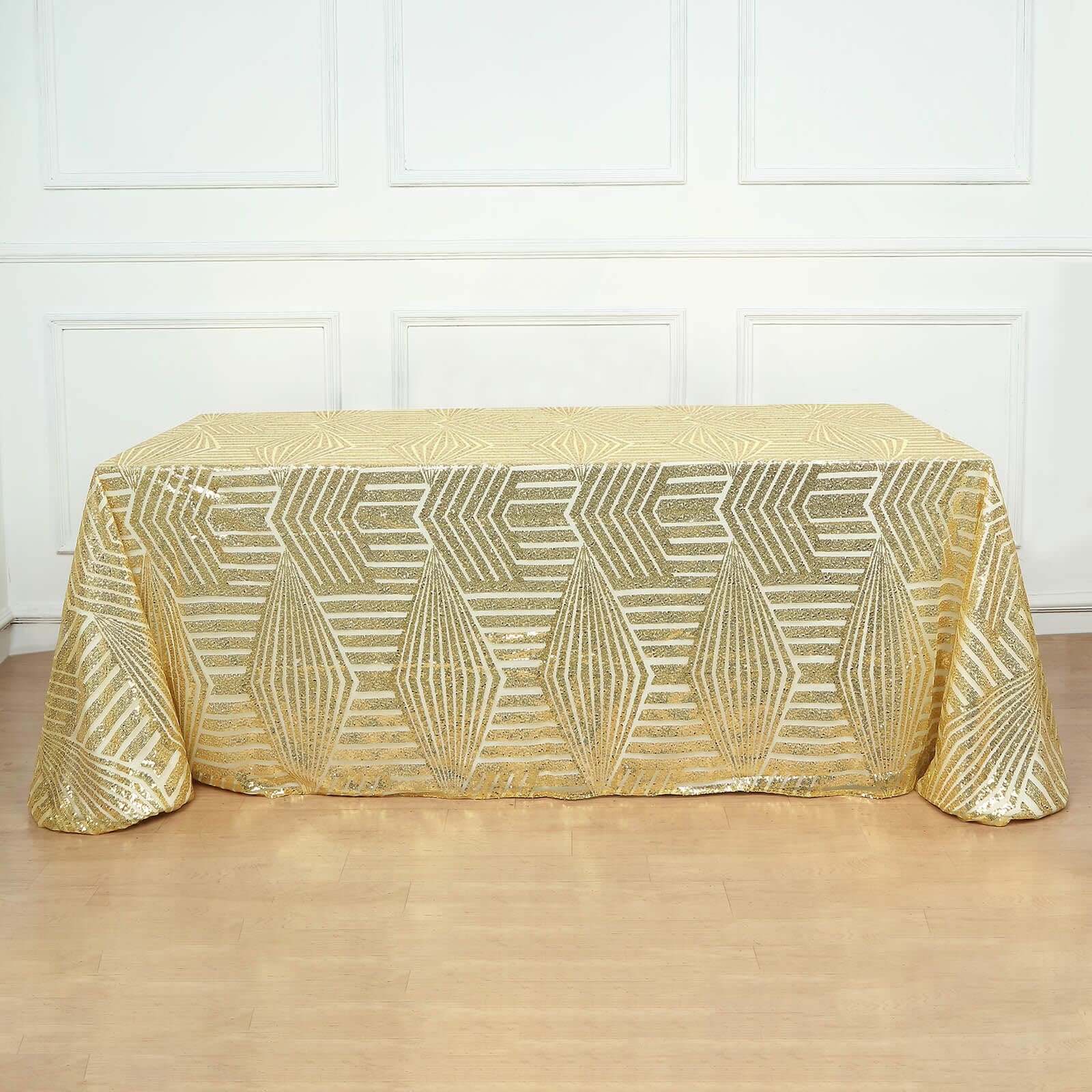 Sequin Rectangle Tablecloth 90"x132" Gold with Diamond Pattern Design - Seamless Shimmering Decor for Special Occasions