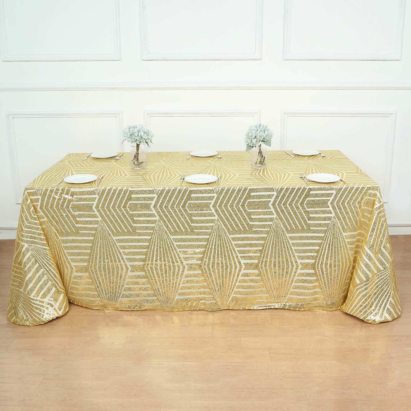 Sequin Rectangle Tablecloth 90"x132" Gold with Diamond Pattern Design - Seamless Shimmering Decor for Special Occasions - Image 3