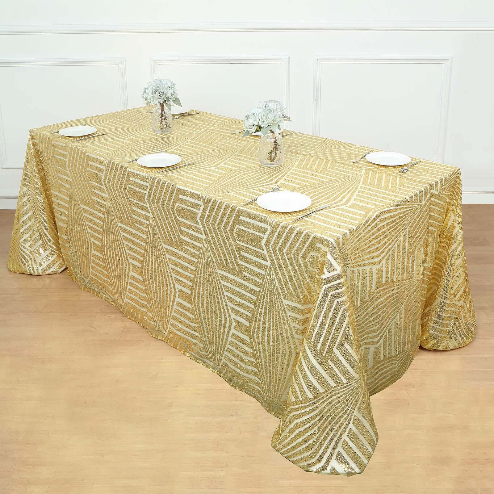 Sequin Rectangle Tablecloth 90"x132" Gold with Diamond Pattern Design - Seamless Shimmering Decor for Special Occasions - Image 5