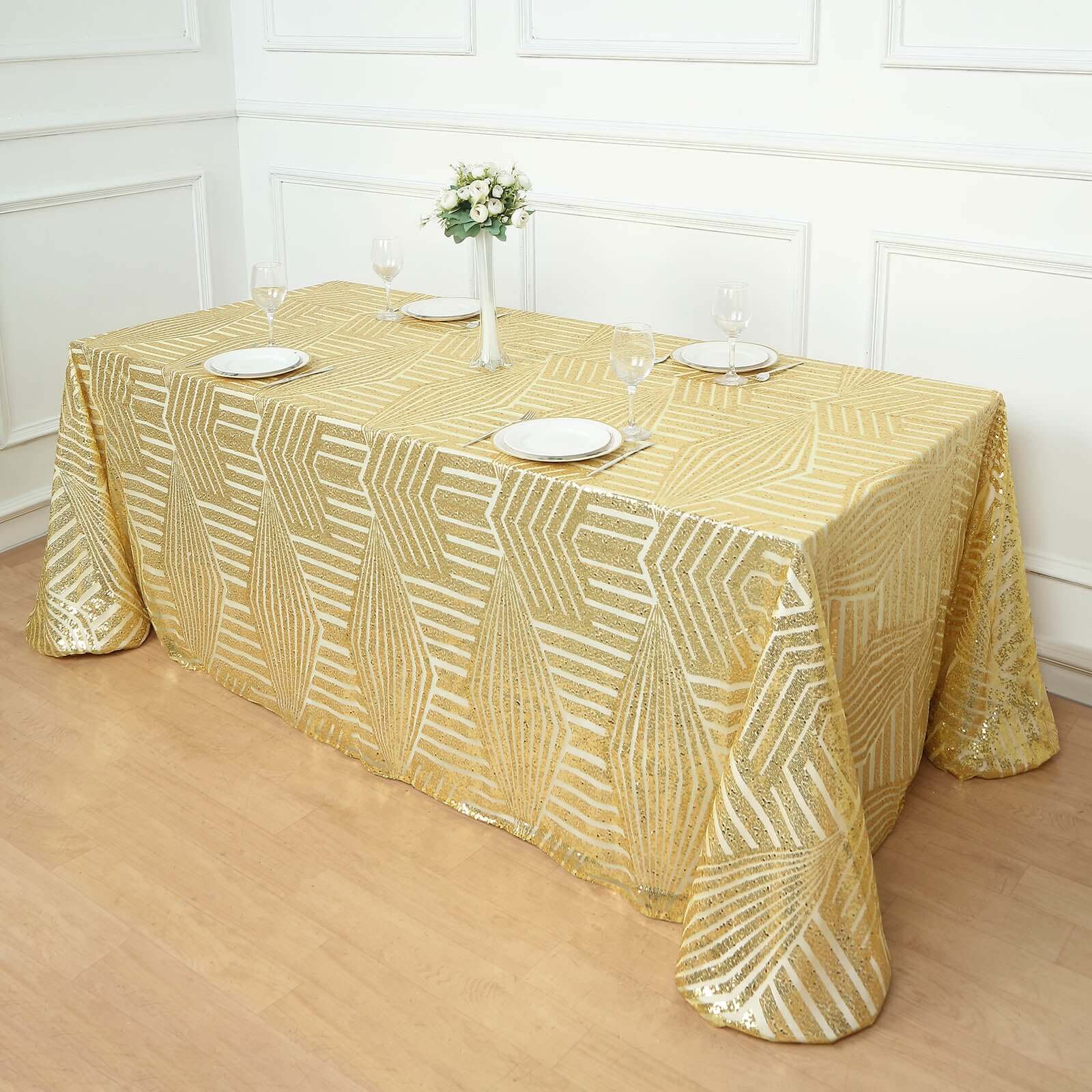 Sequin Rectangle Tablecloth 90"x132" Gold with Diamond Pattern Design - Seamless Shimmering Decor for Special Occasions - Image 6