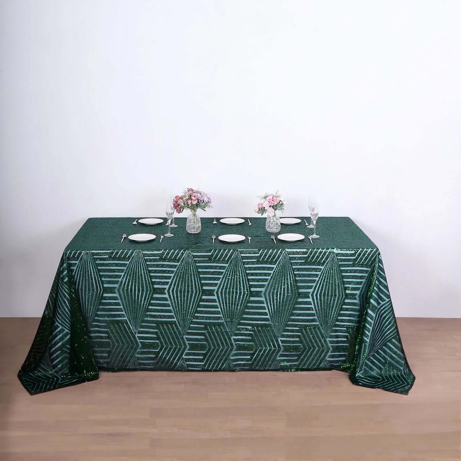 Sequin Rectangle Tablecloth 90"x132" Hunter Emerald Green with Diamond Pattern Design - Seamless Shimmering Decor Table Topper - Image 2